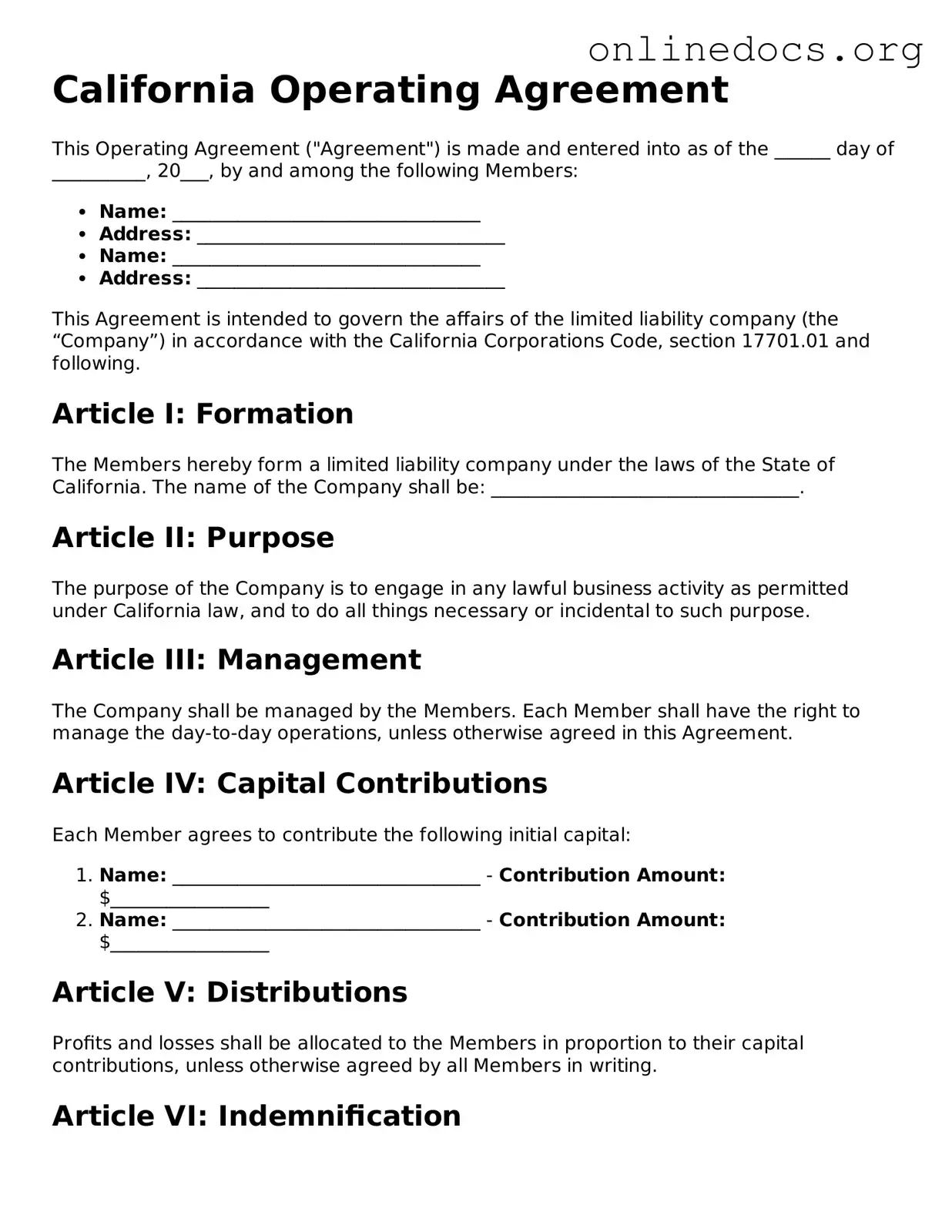 Fillable  Operating Agreement Form for California
