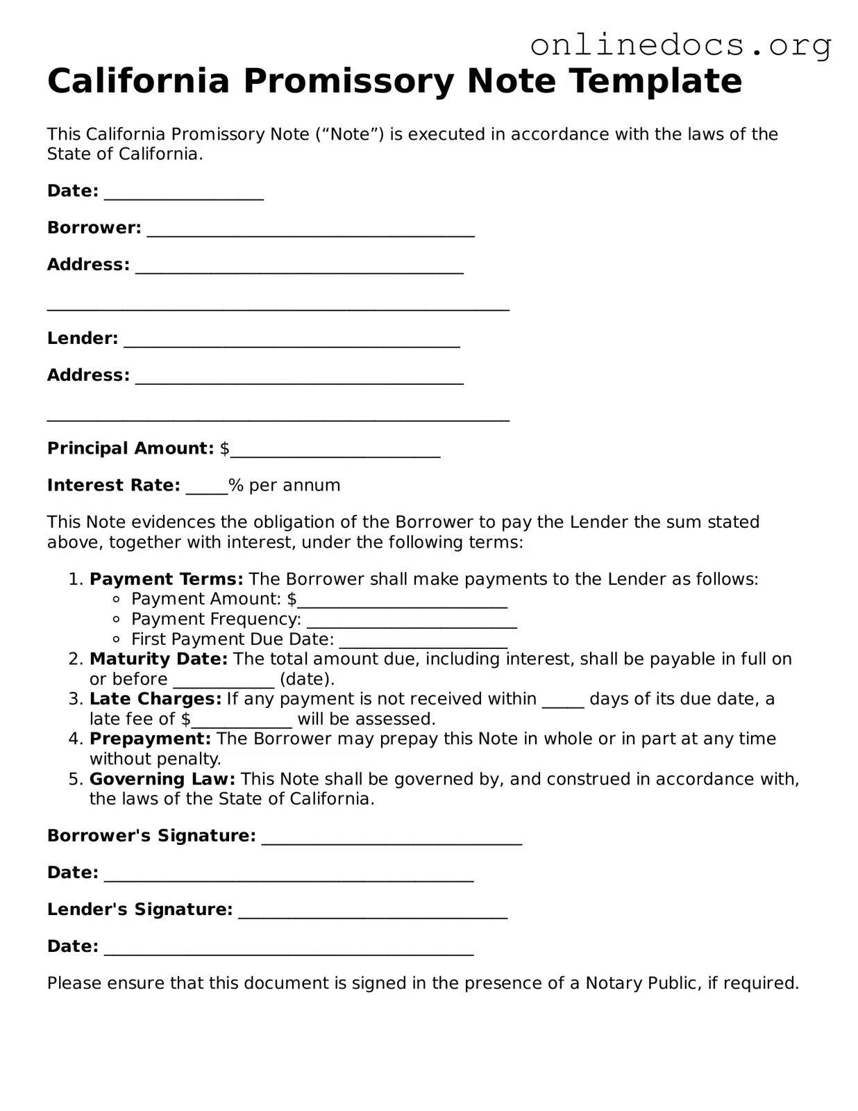Fillable  Promissory Note Form for California