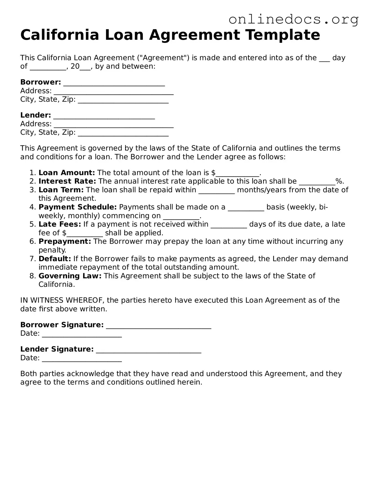 Fillable  Loan Agreement Form for California