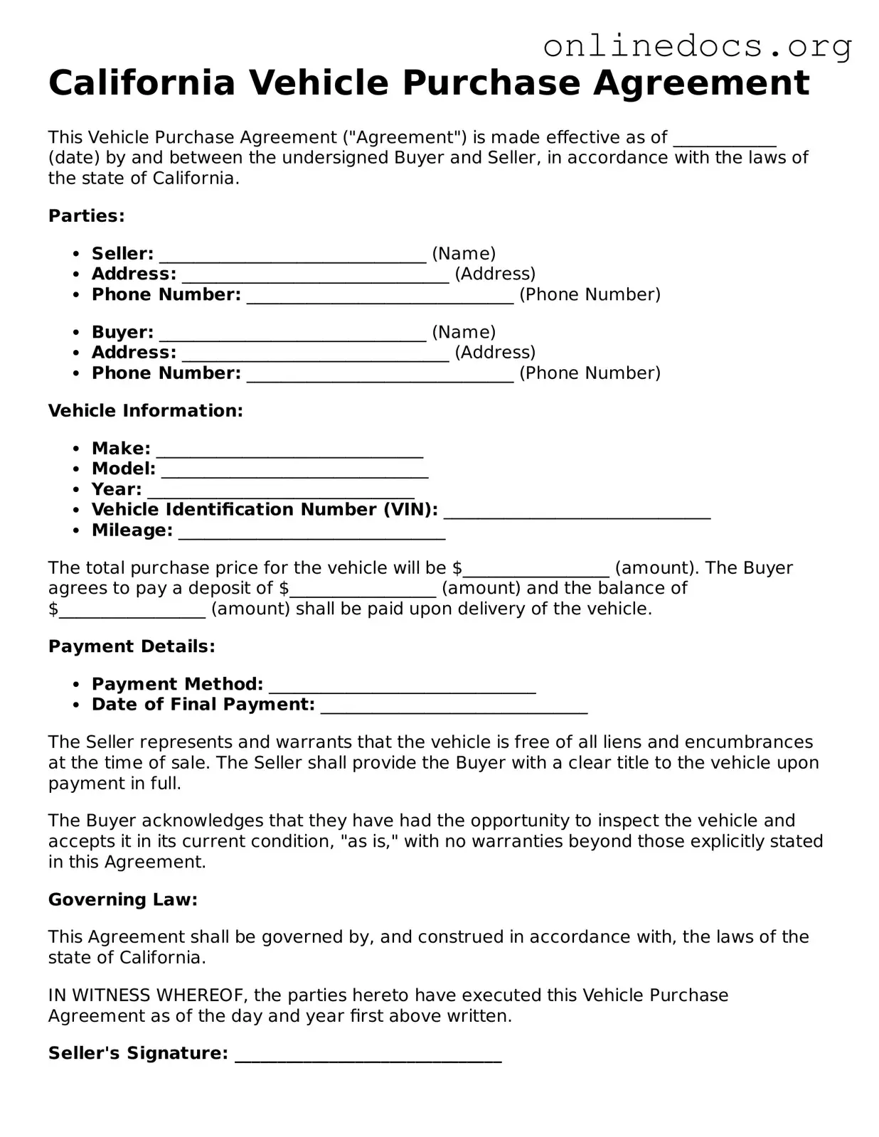 Fillable  Vehicle Purchase Agreement Form for California