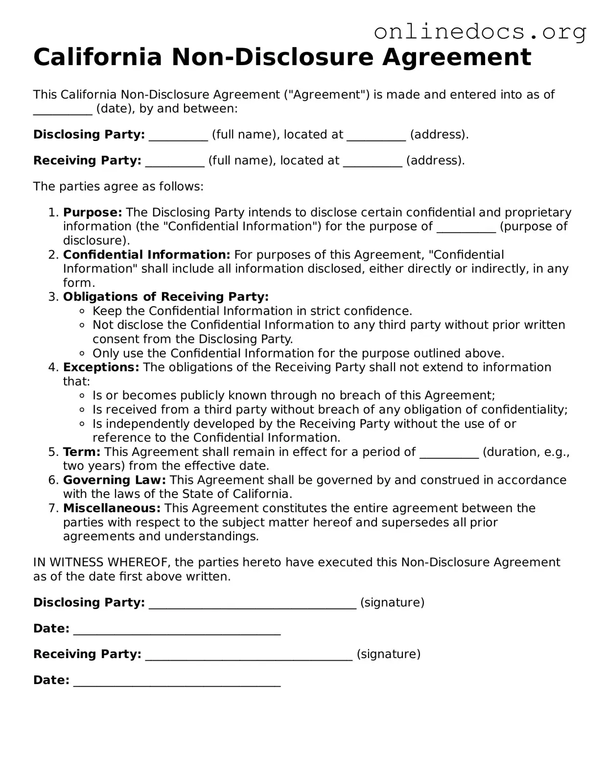 Fillable  Non-disclosure Agreement Form for California