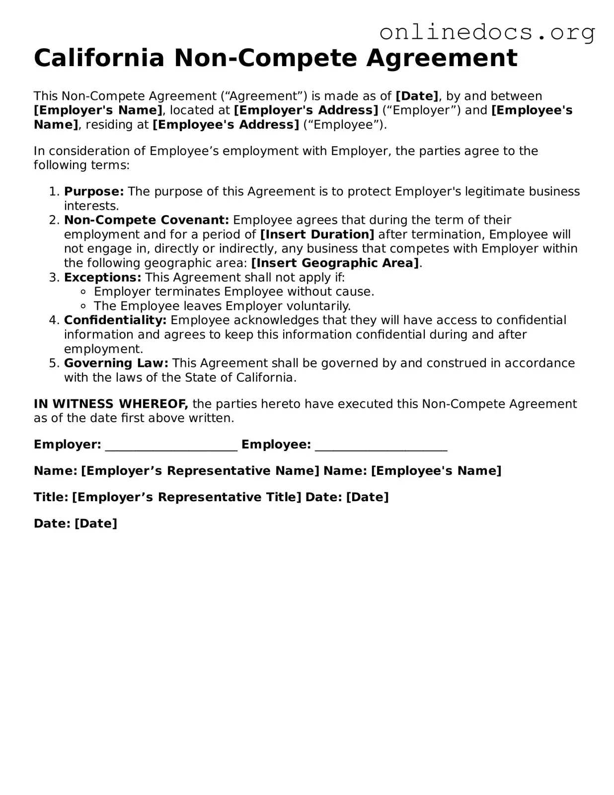 Fillable  Non-compete Agreement Form for California