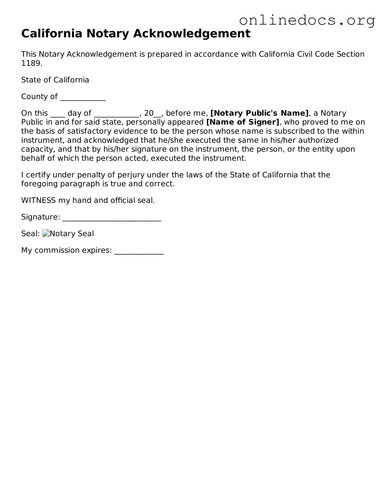 Fillable  Notary Acknowledgement Form for California