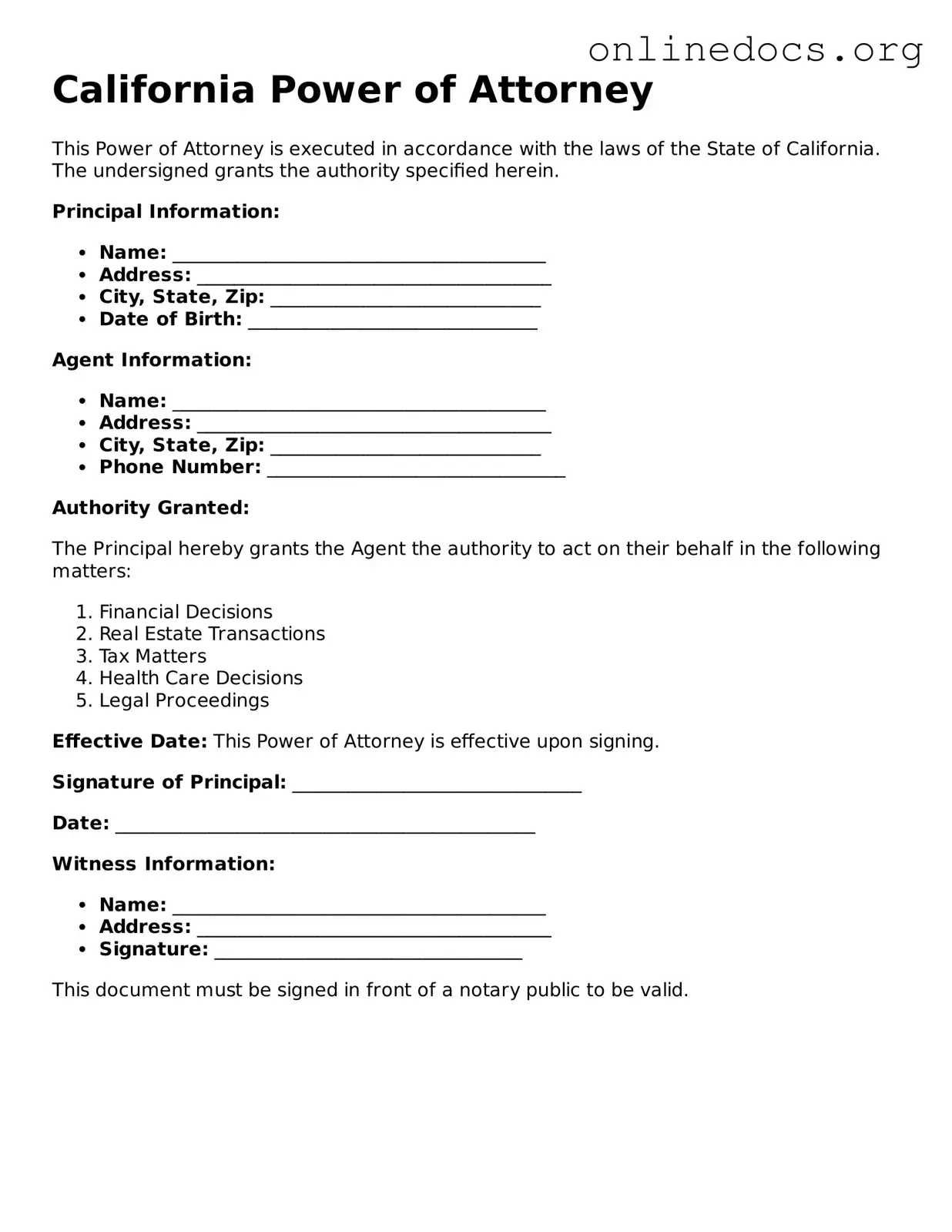 Fillable  Power of Attorney Form for California