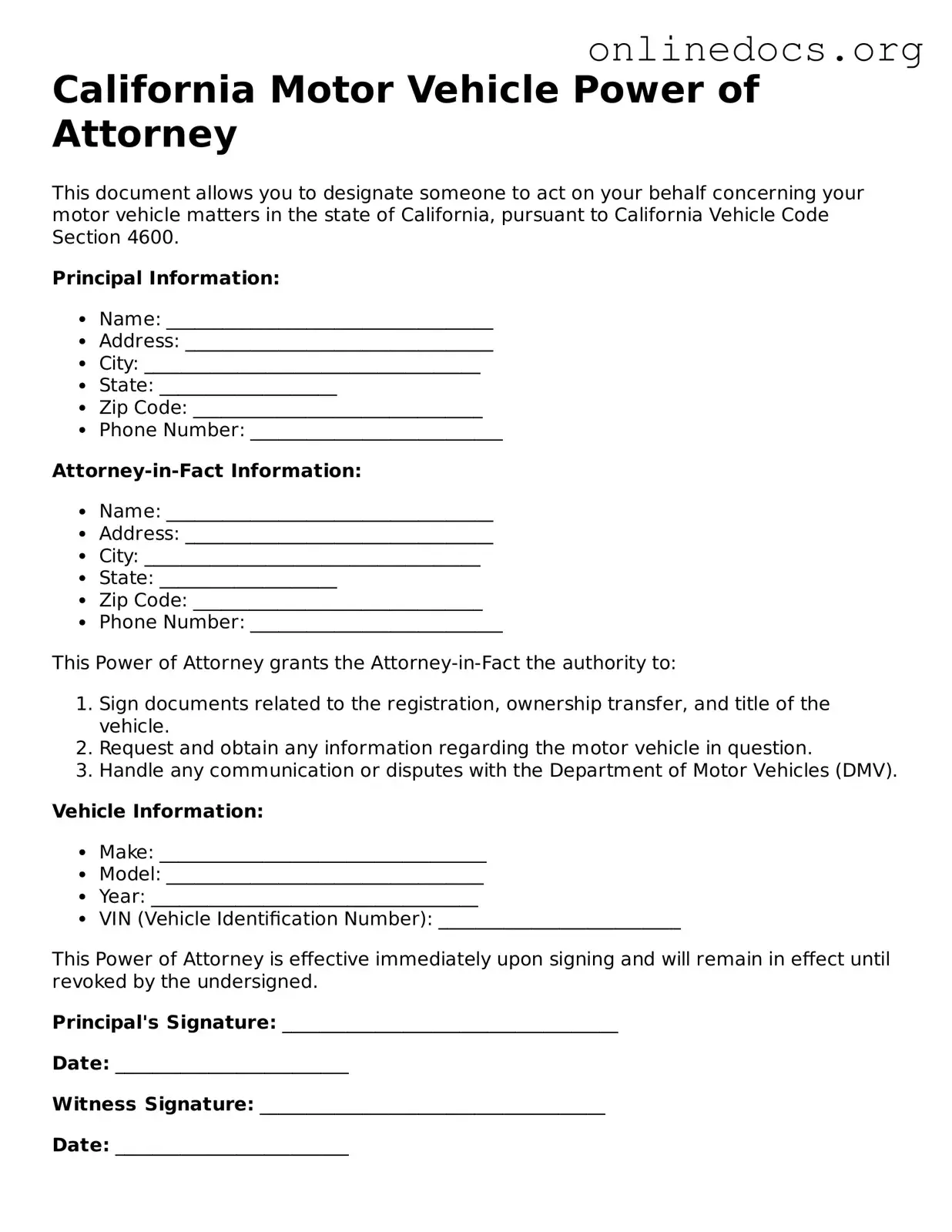 Fillable  Motor Vehicle Power of Attorney Form for California