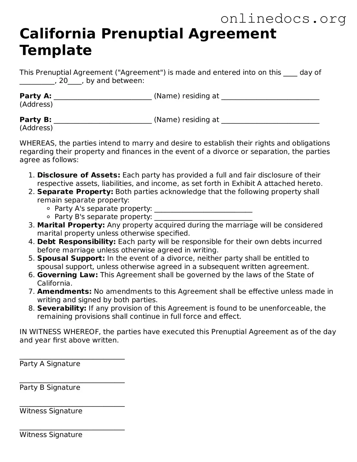 Fillable  Prenuptial Agreement Form for California