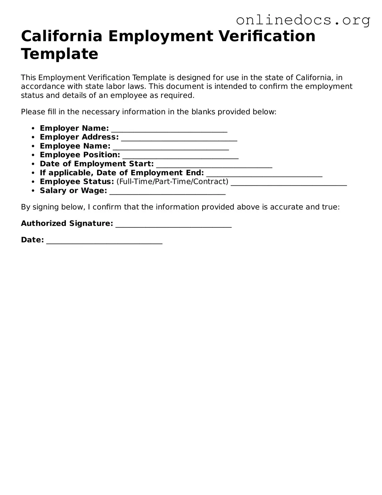 Fillable  Employment Verification Form for California