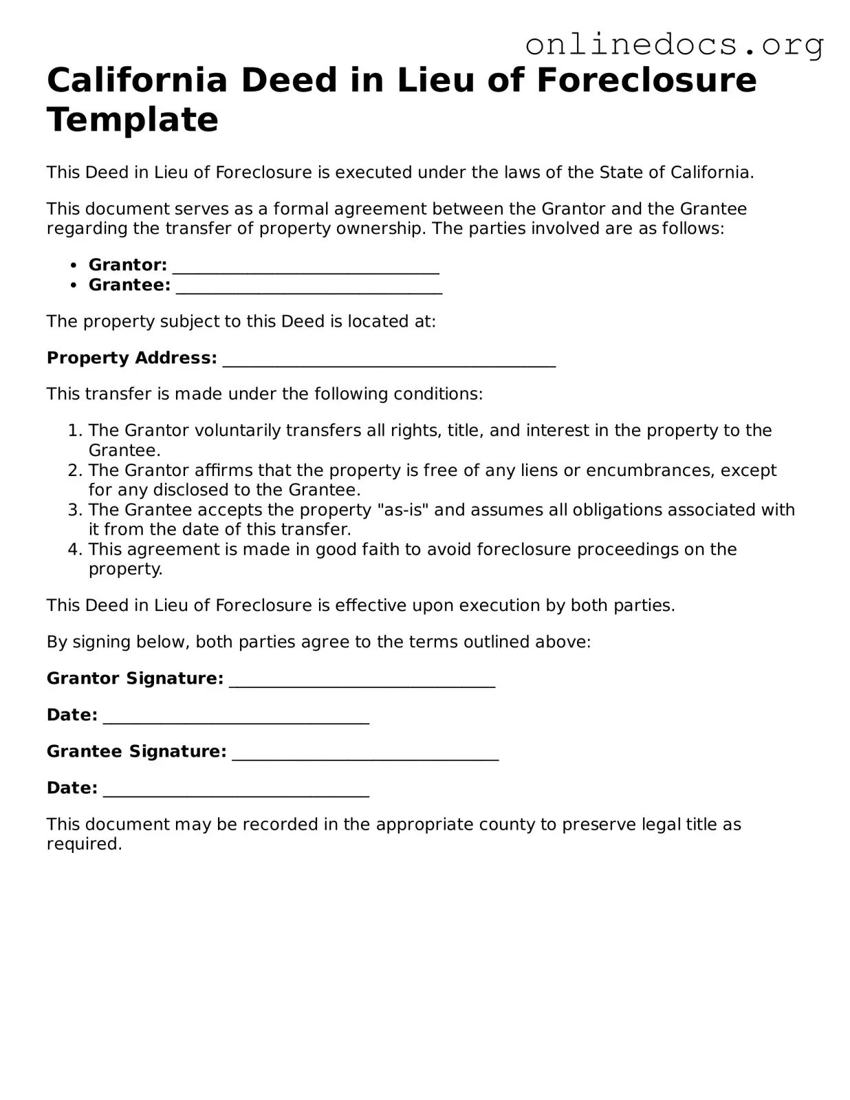 Fillable  Deed in Lieu of Foreclosure Form for California