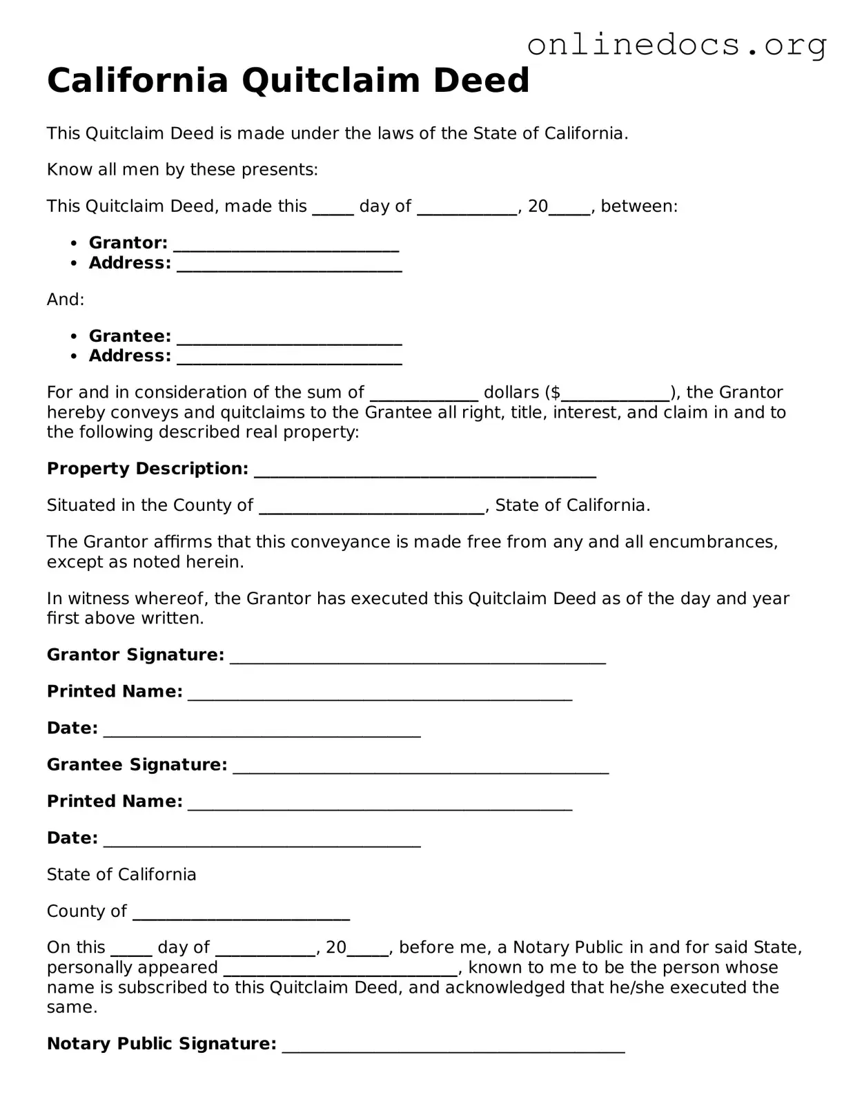 Fillable  Quitclaim Deed Form for California