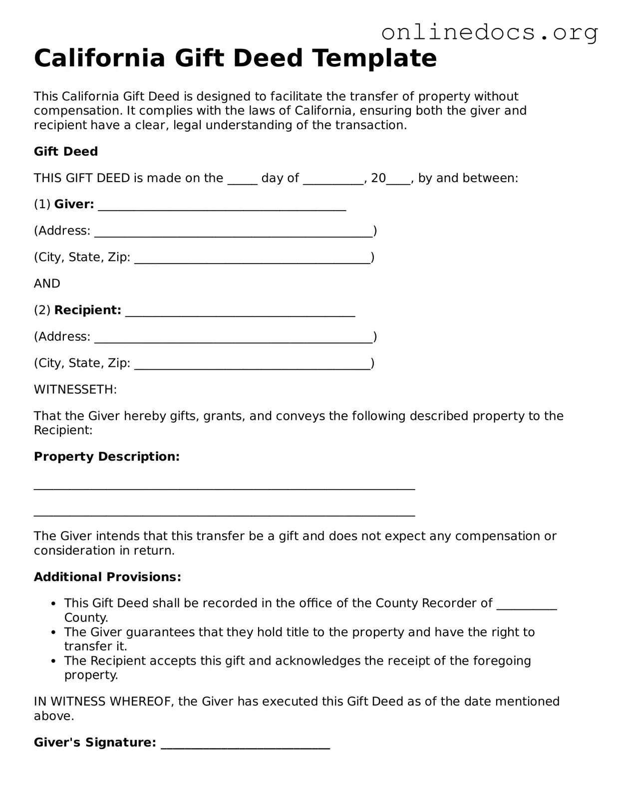 Fillable  Gift Deed Form for California