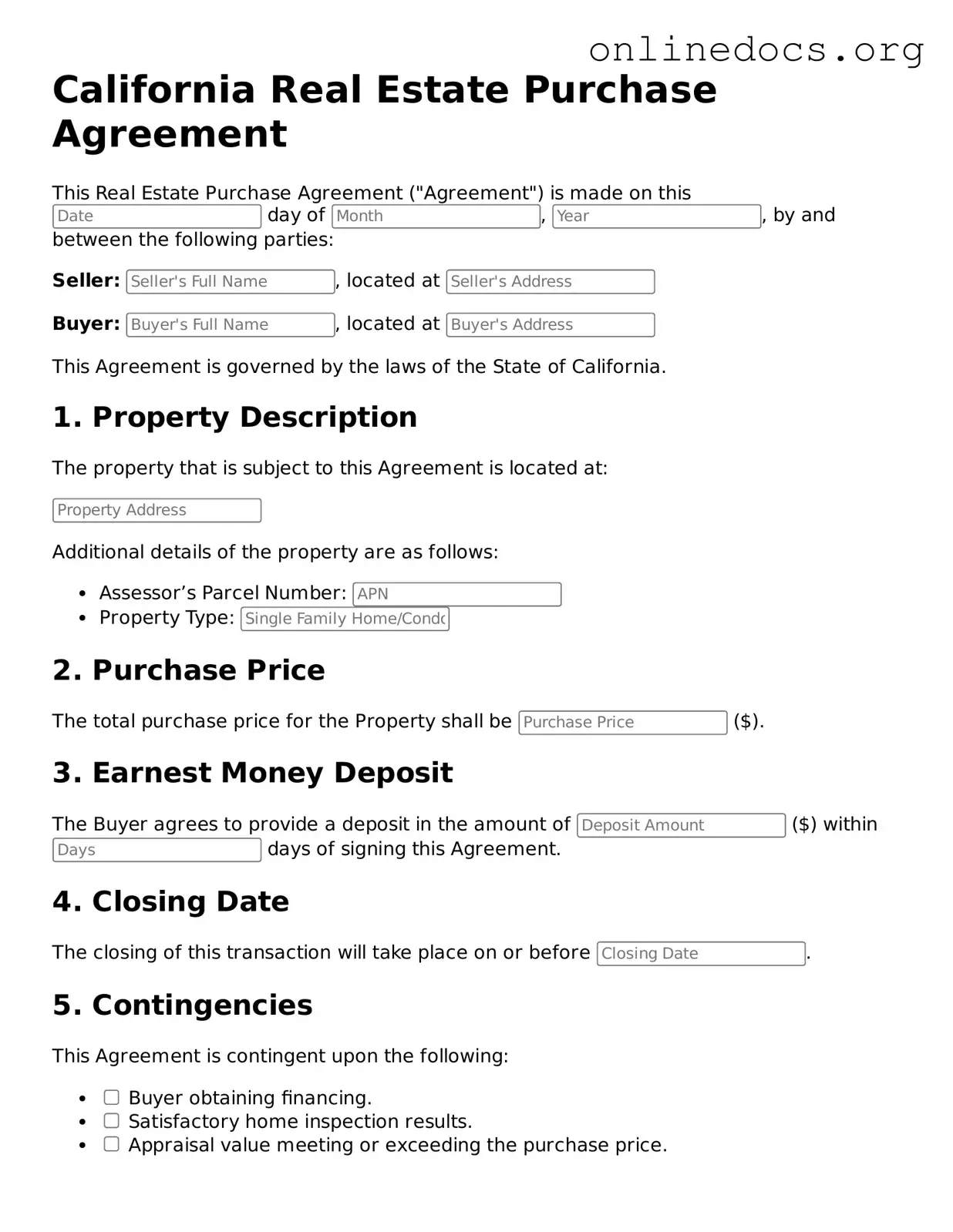 Fillable  Real Estate Purchase Agreement Form for California