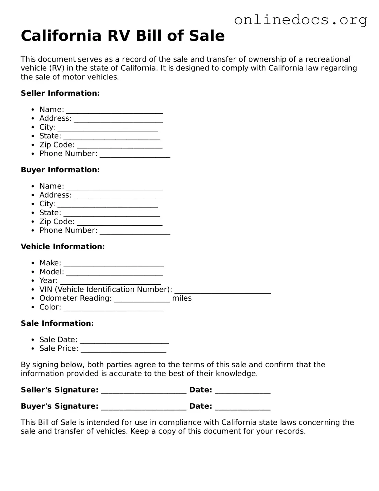 Fillable  RV Bill of Sale Form for California
