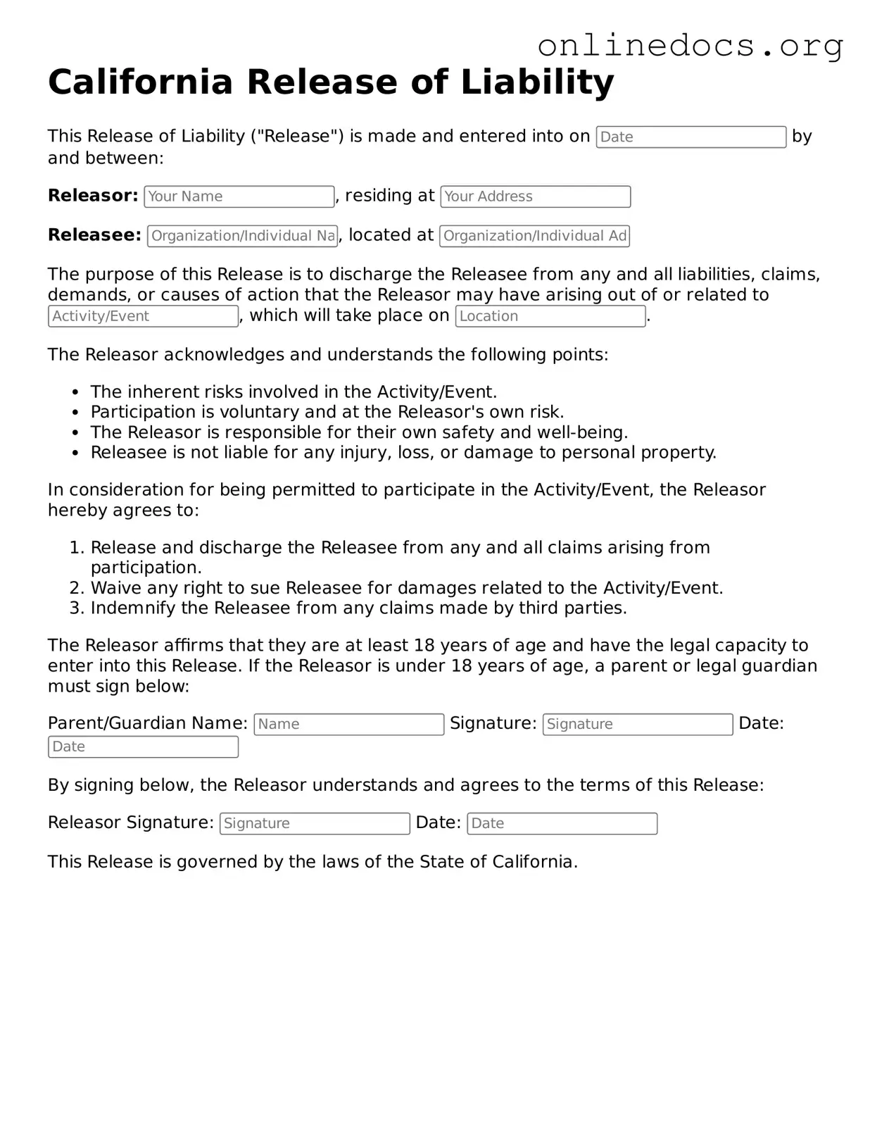 Fillable  Release of Liability Form for California