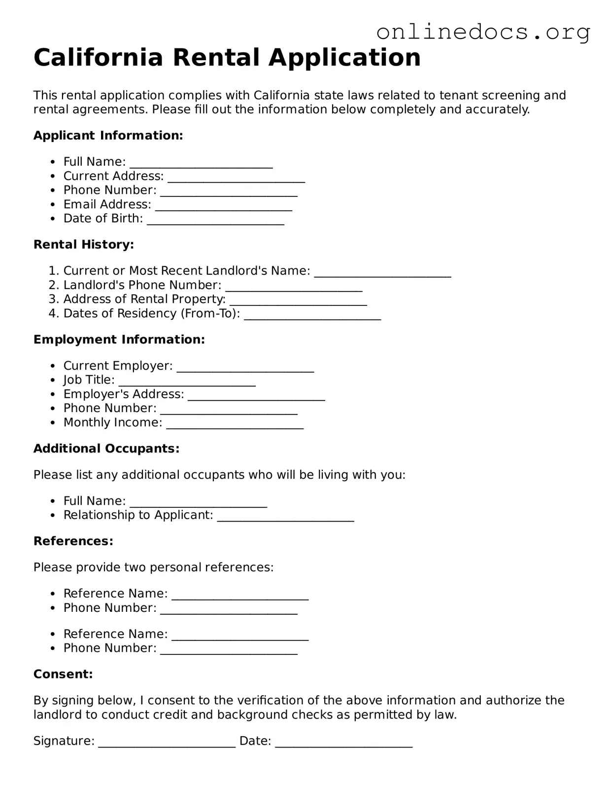 Fillable  Rental Application Form for California