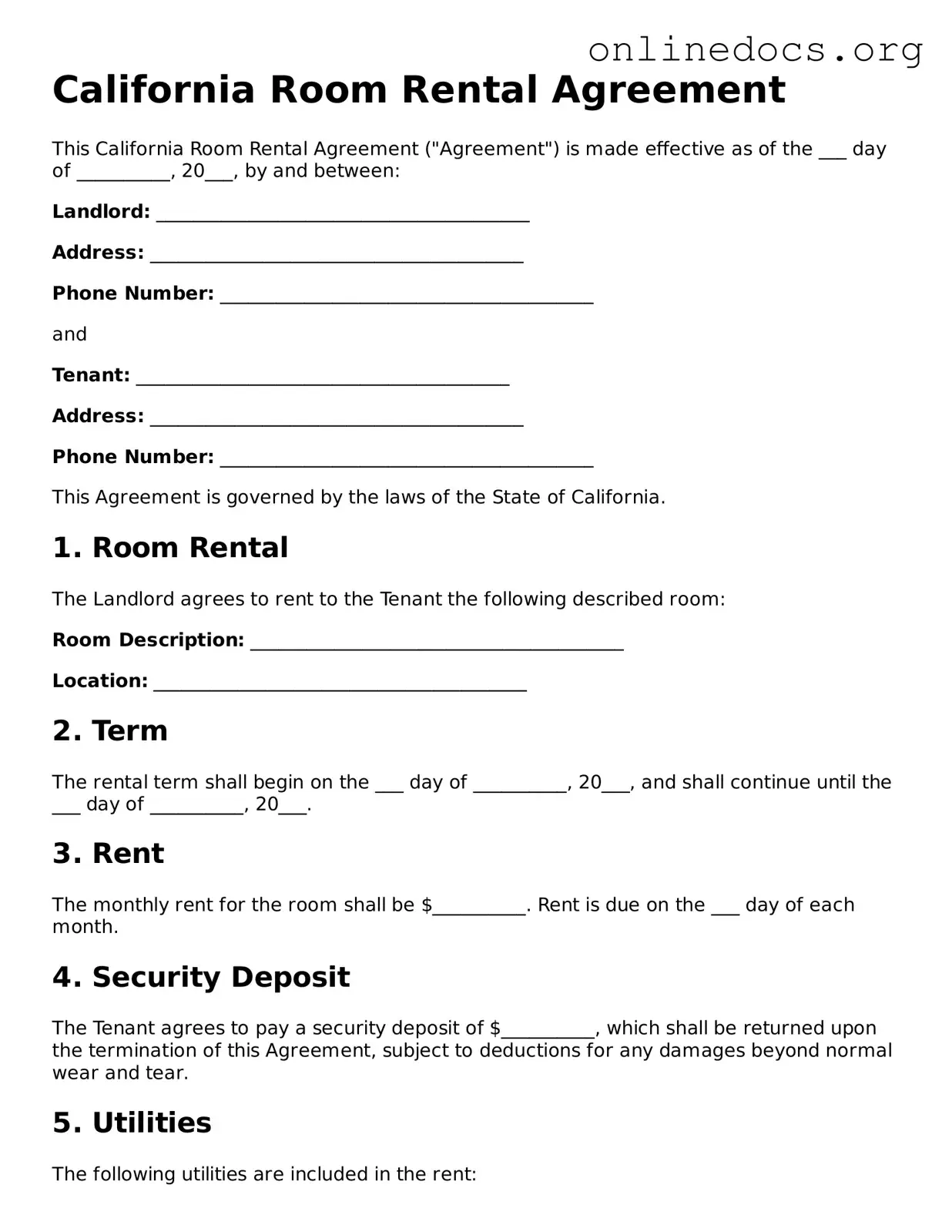Fillable  Room Rental Agreement Form for California