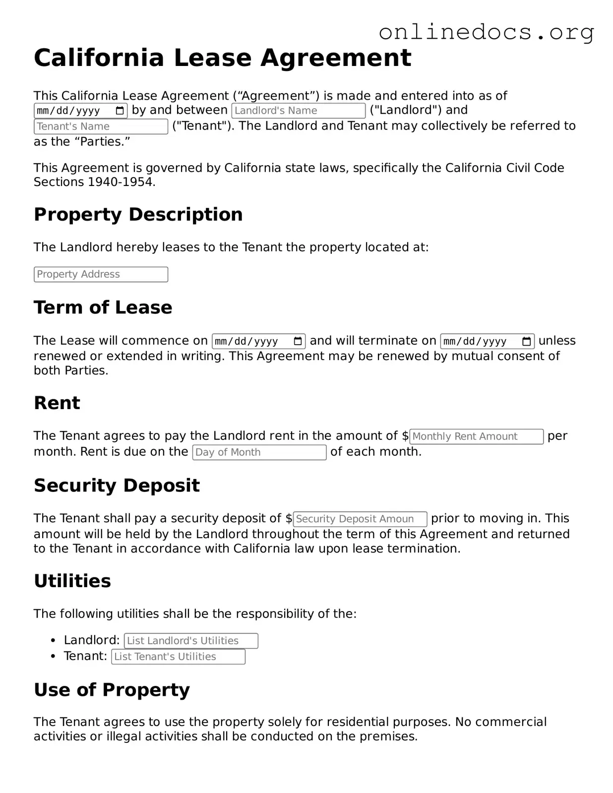 Fillable  Lease Agreement Form for California