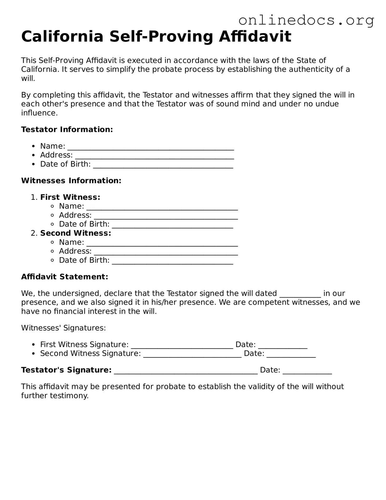 Fillable  Self-Proving Affidavit Form for California