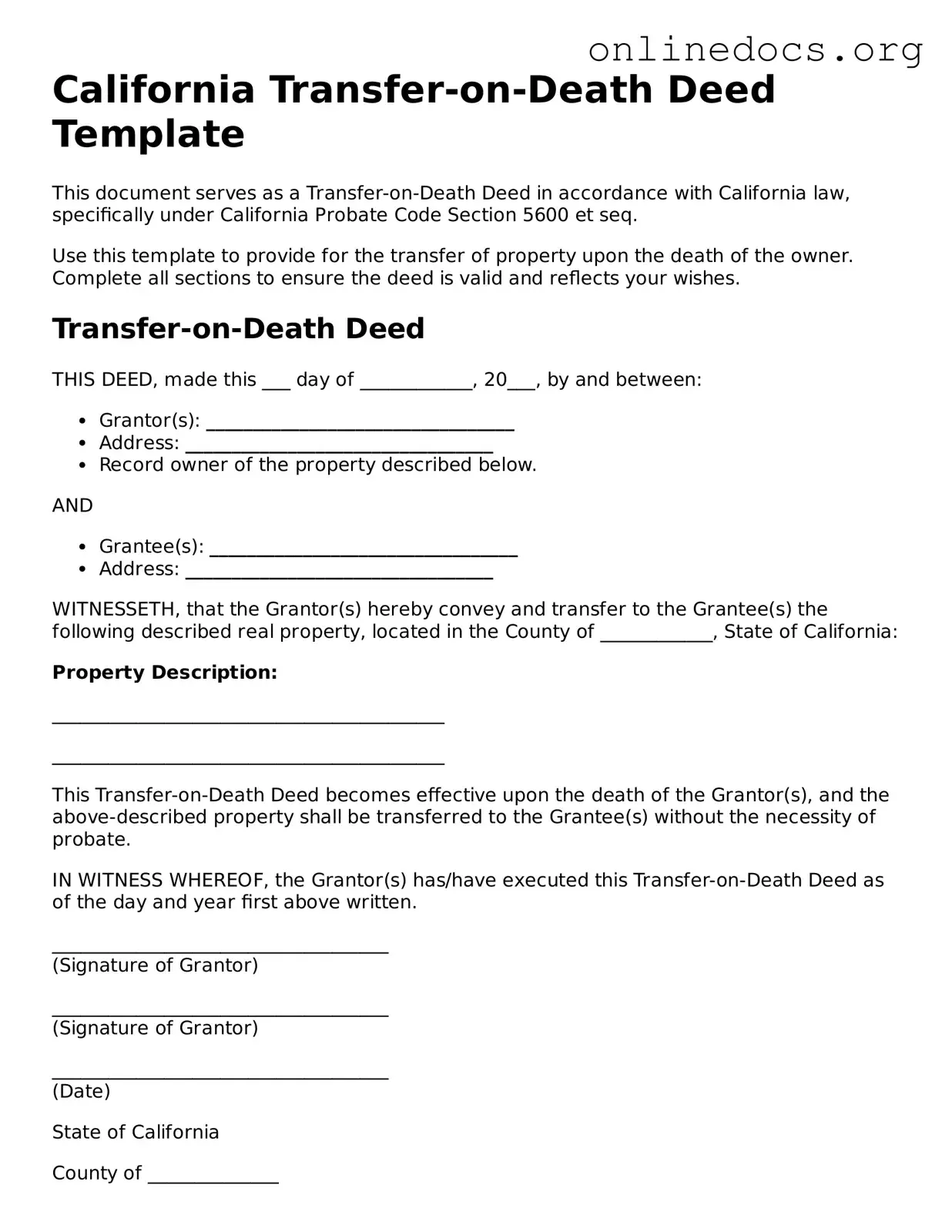 Fillable  Transfer-on-Death Deed Form for California