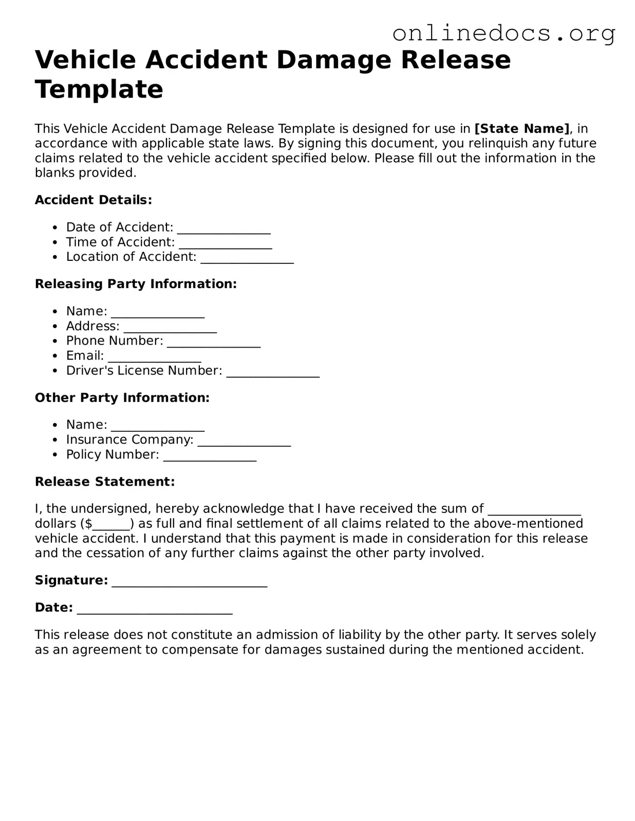 Printable Vehicle Accident Damage Release Form