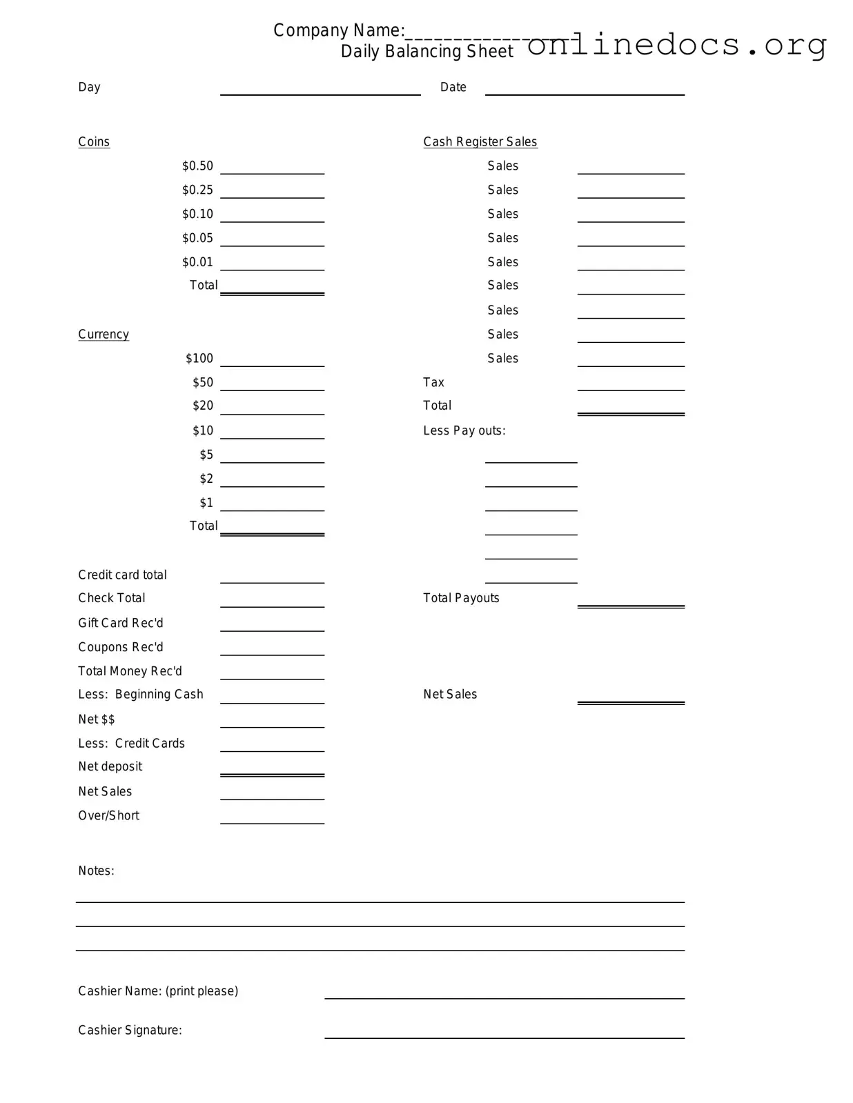 Cash Drawer Count Sheet PDF Form