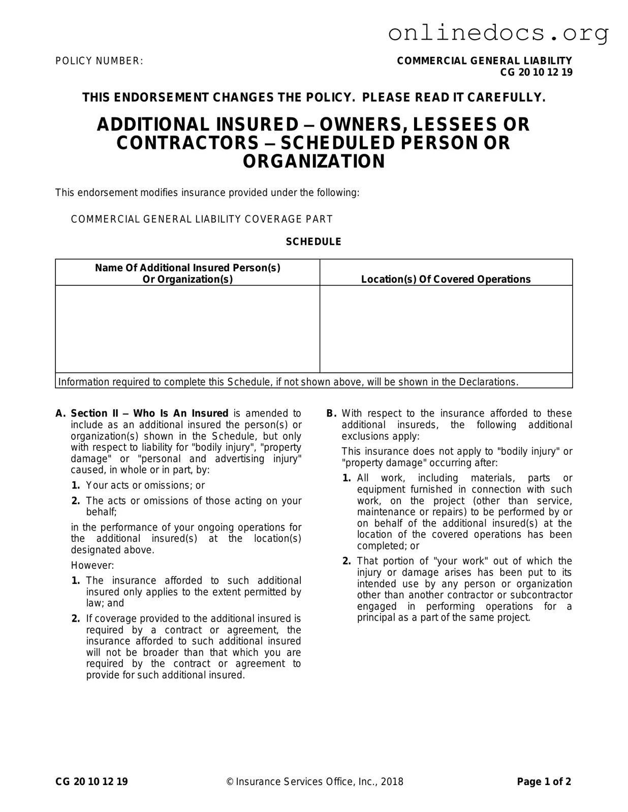 Cg 20 10 07 04 Liability Endorsement PDF Form