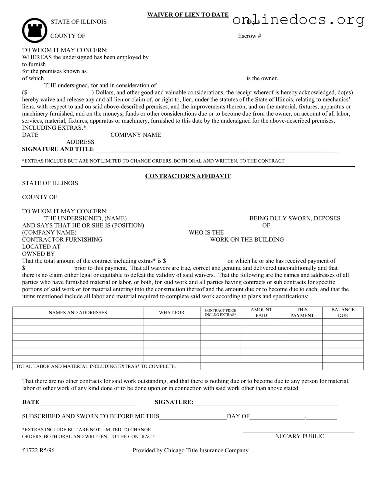 Chicago Title Waiver Format PDF Form