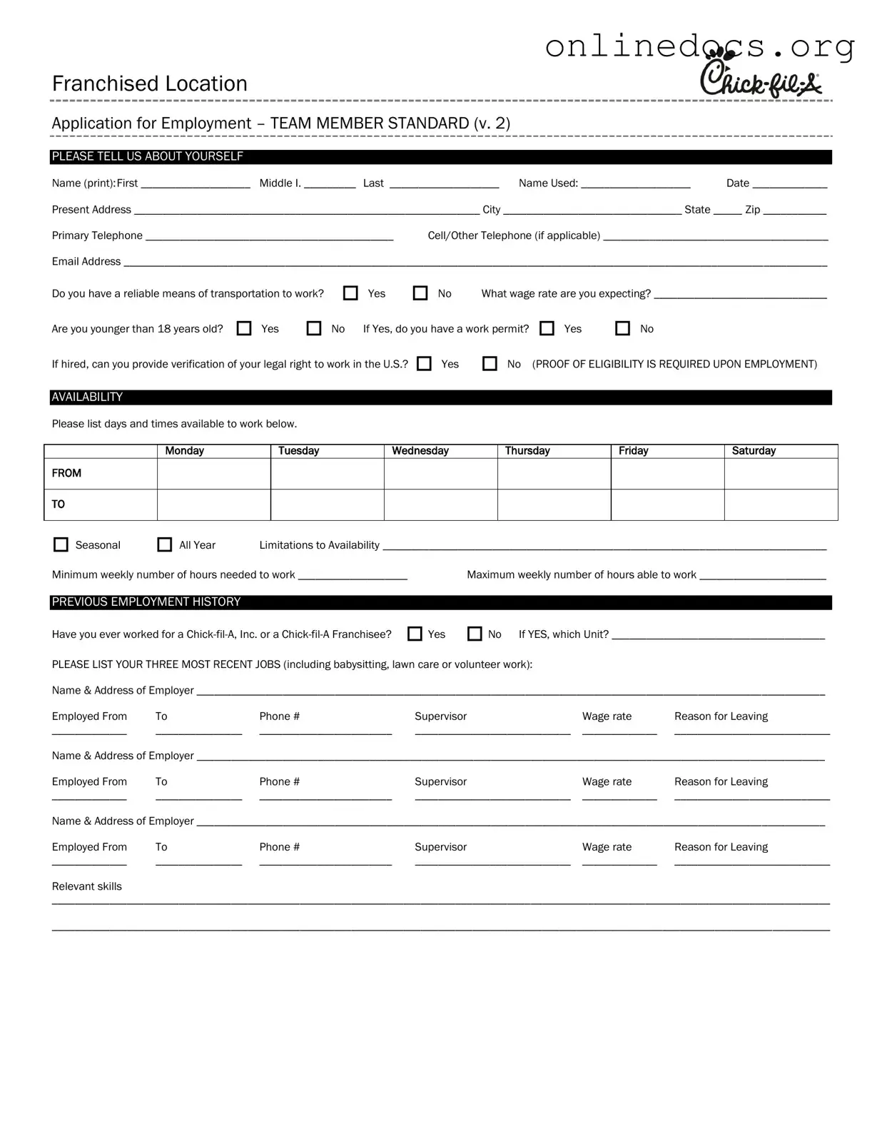 Chick Fil A Job Application PDF Form
