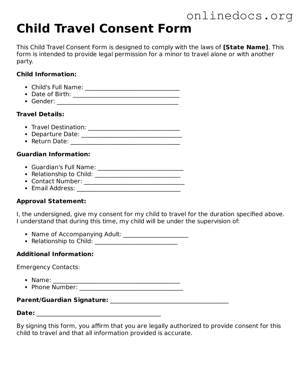 Printable Child Travel Consent Form Form