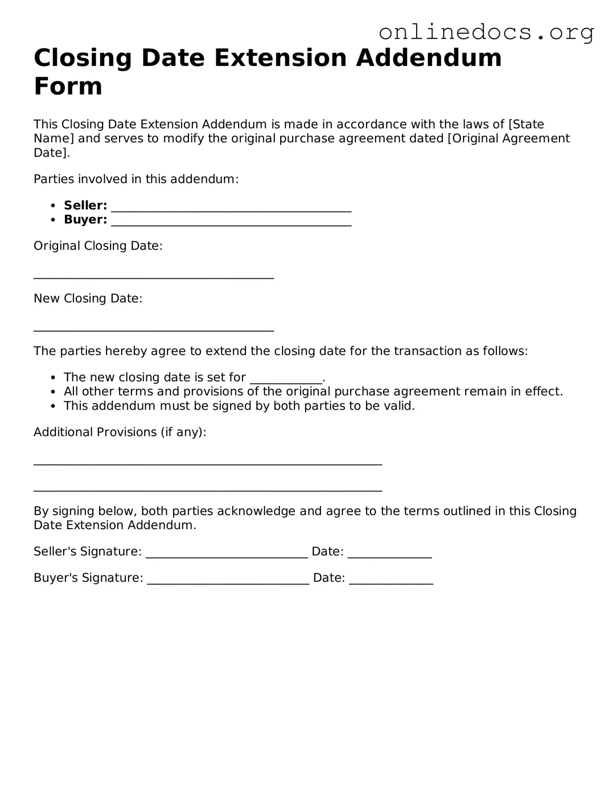 Printable Closing Date Extension Addendum Form Form