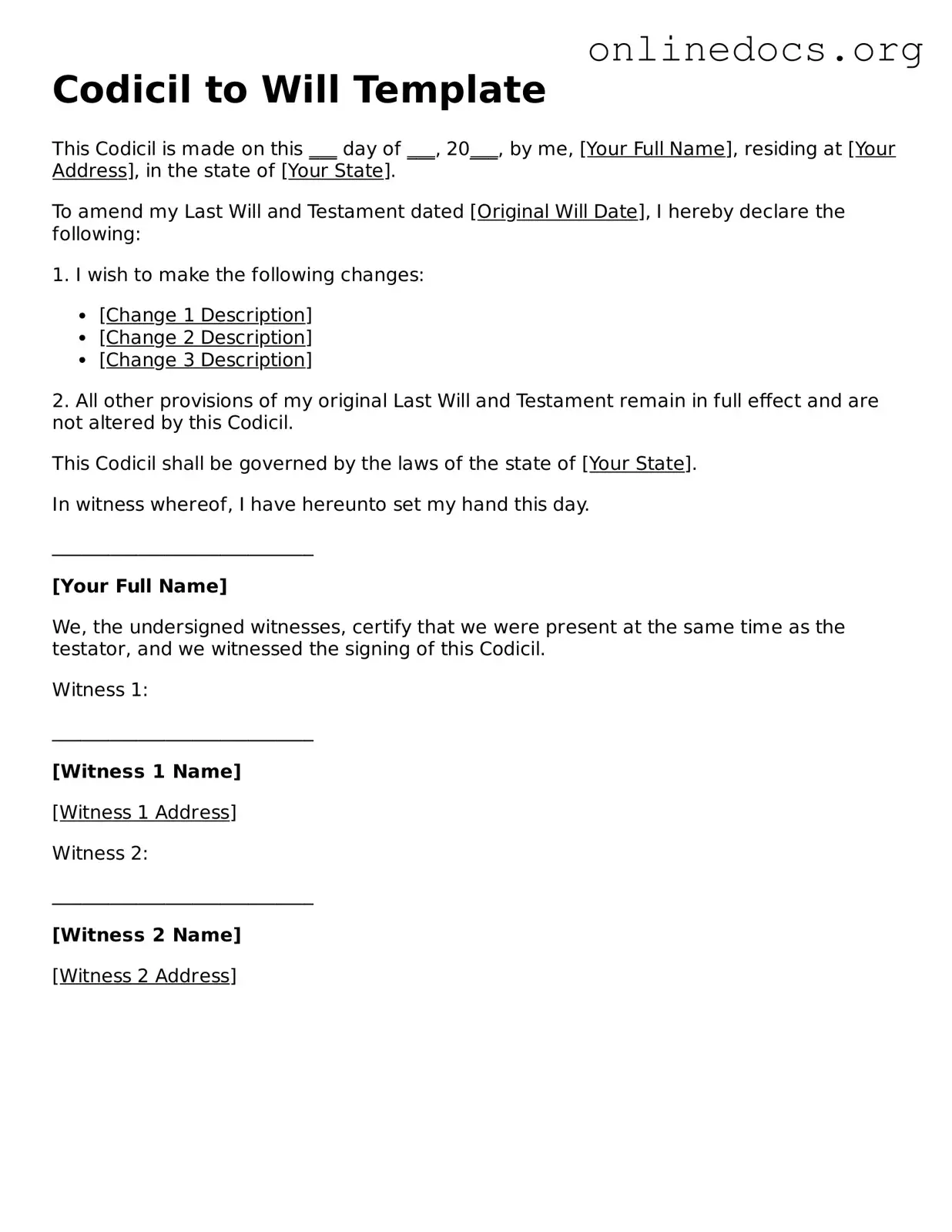 Printable Codicil to Will Form