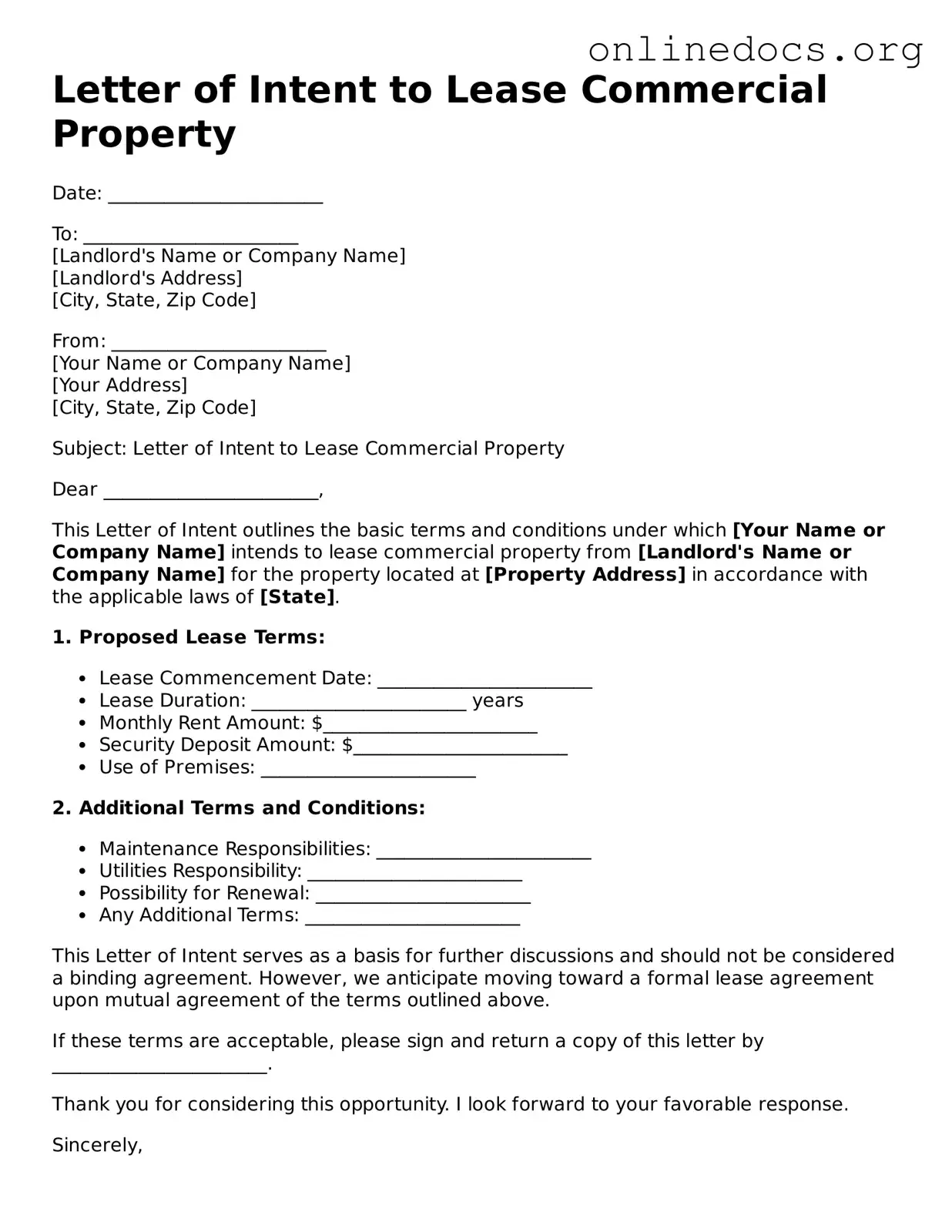 Printable Letter of Intent to Lease Commercial Property Form