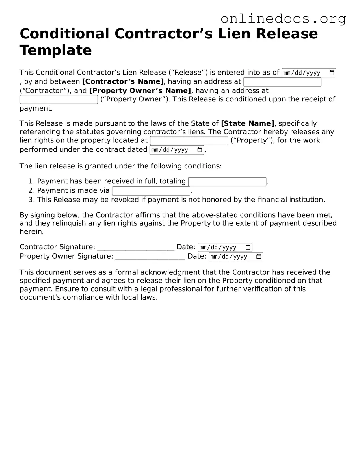 Printable Conditional Contractor’s Lien Release Form