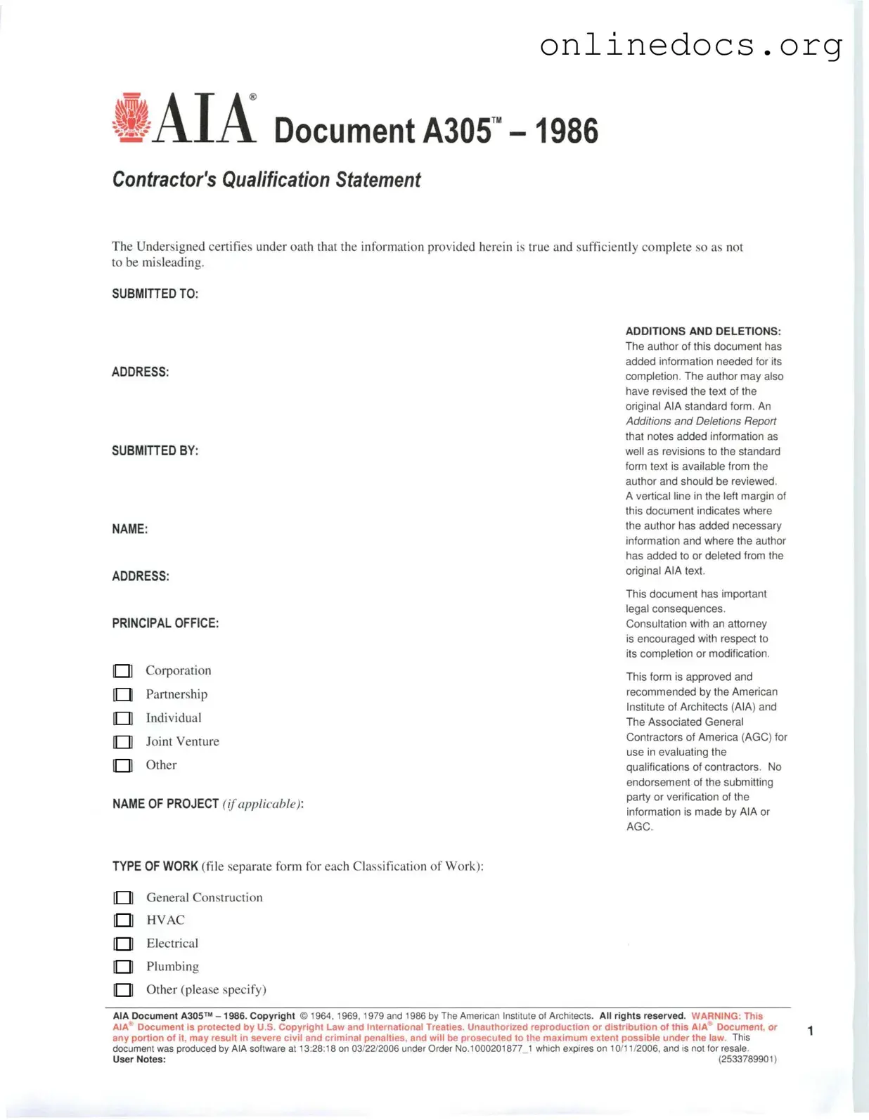 AIA A305 PDF Form
