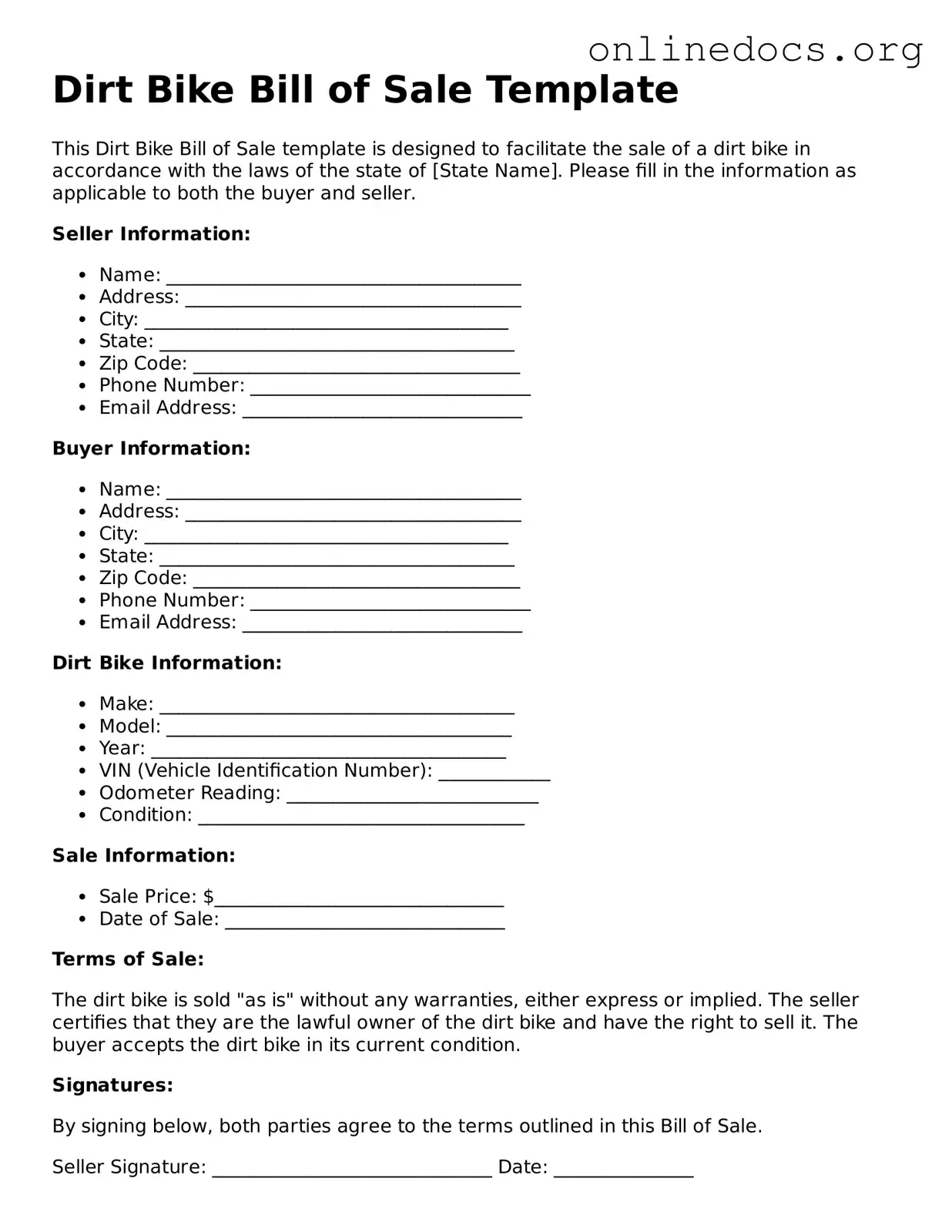 Printable Dirt Bike Bill of Sale Form