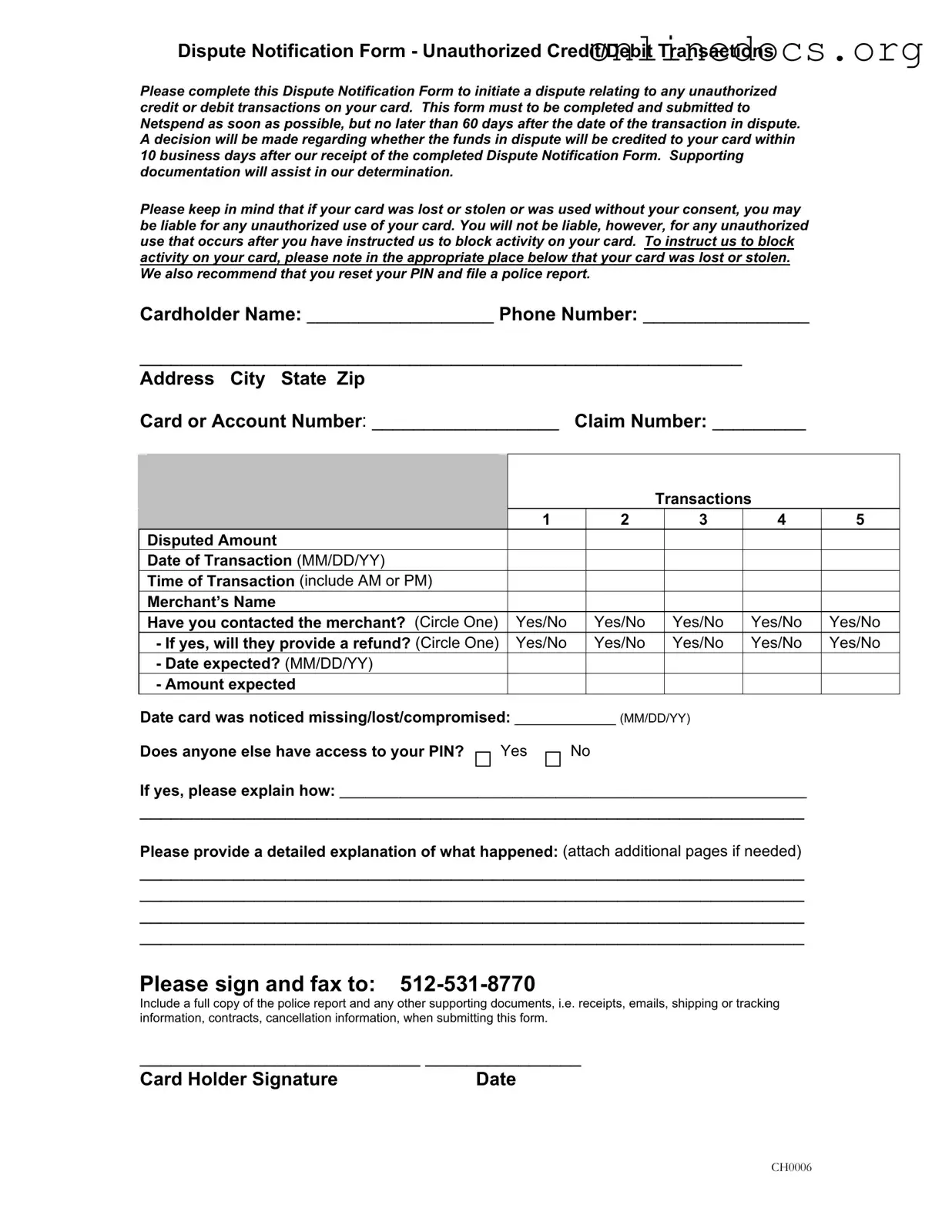 Netspend Dispute PDF Form