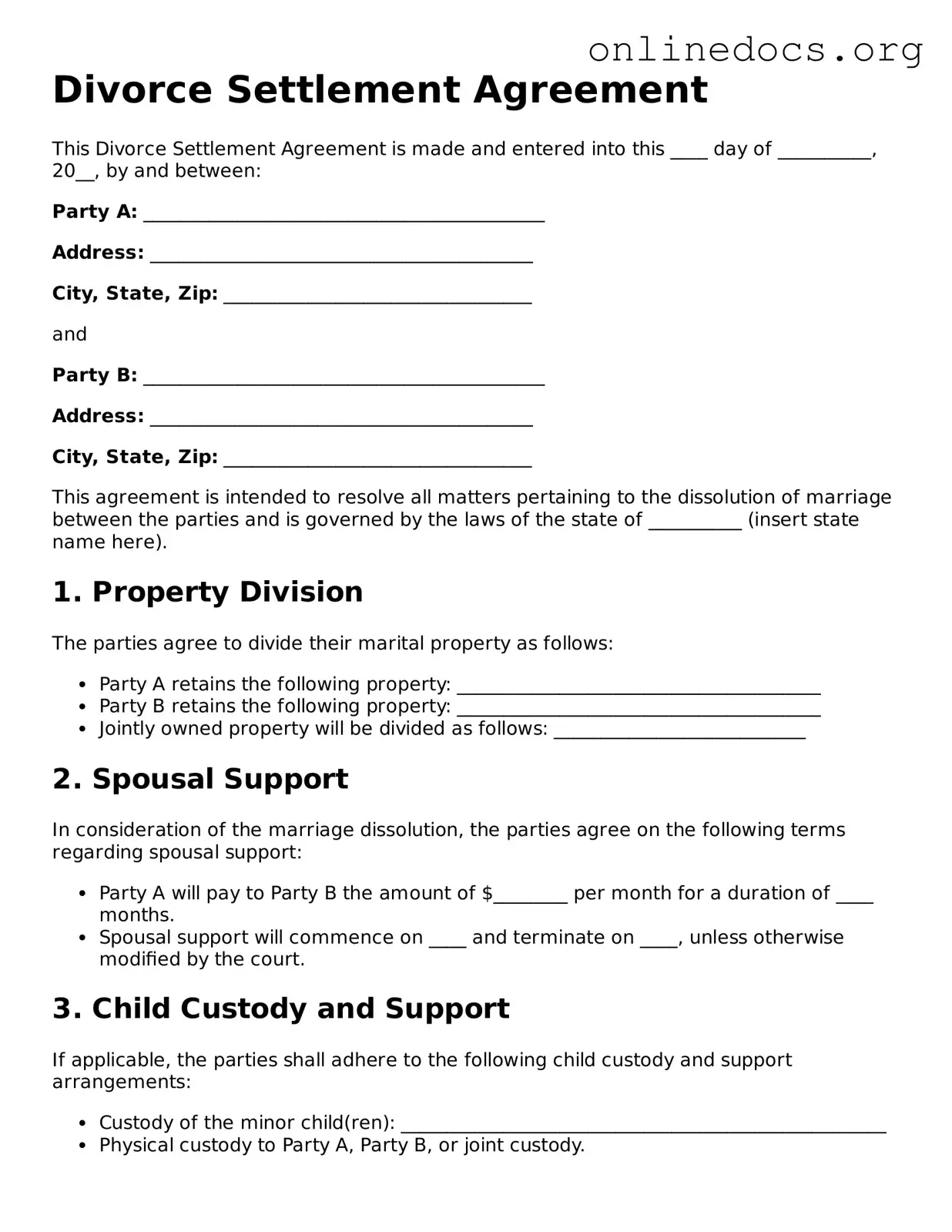 Printable Divorce Settlement Agreement Form