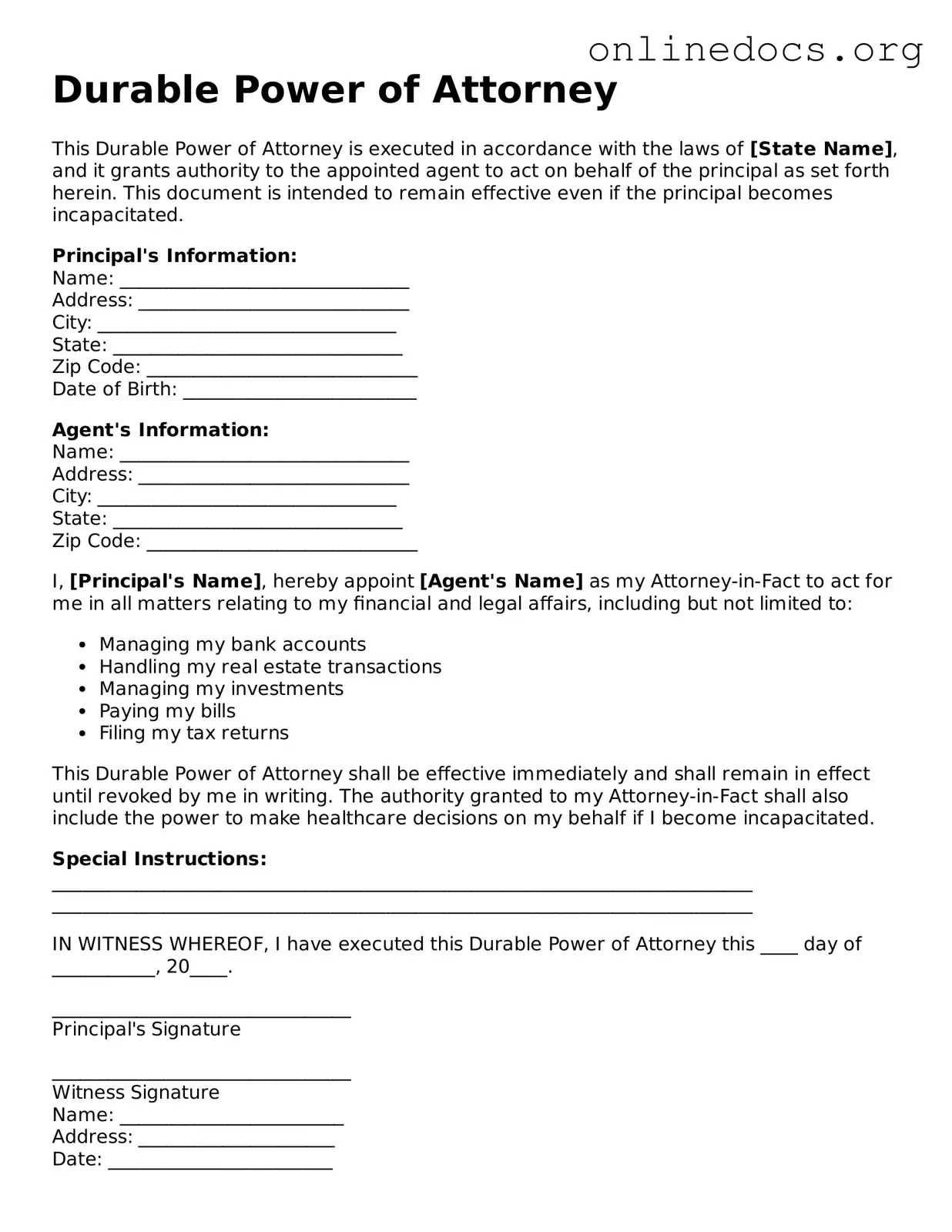 Printable Durable Power of Attorney Form