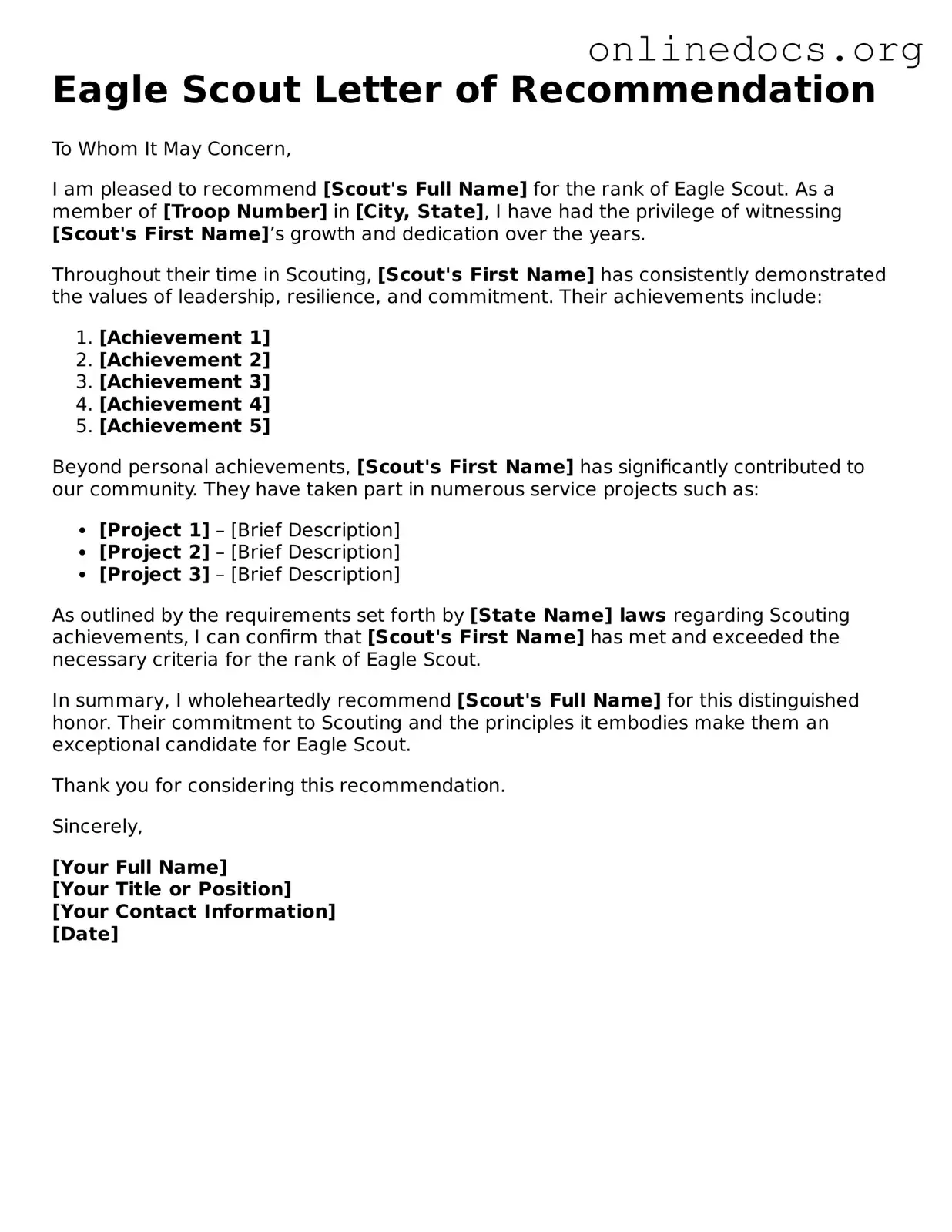 Printable Eagle Scout Letter of Recommendation Form