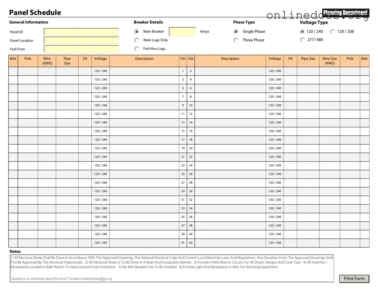Electrical Panel Schedule PDF Form