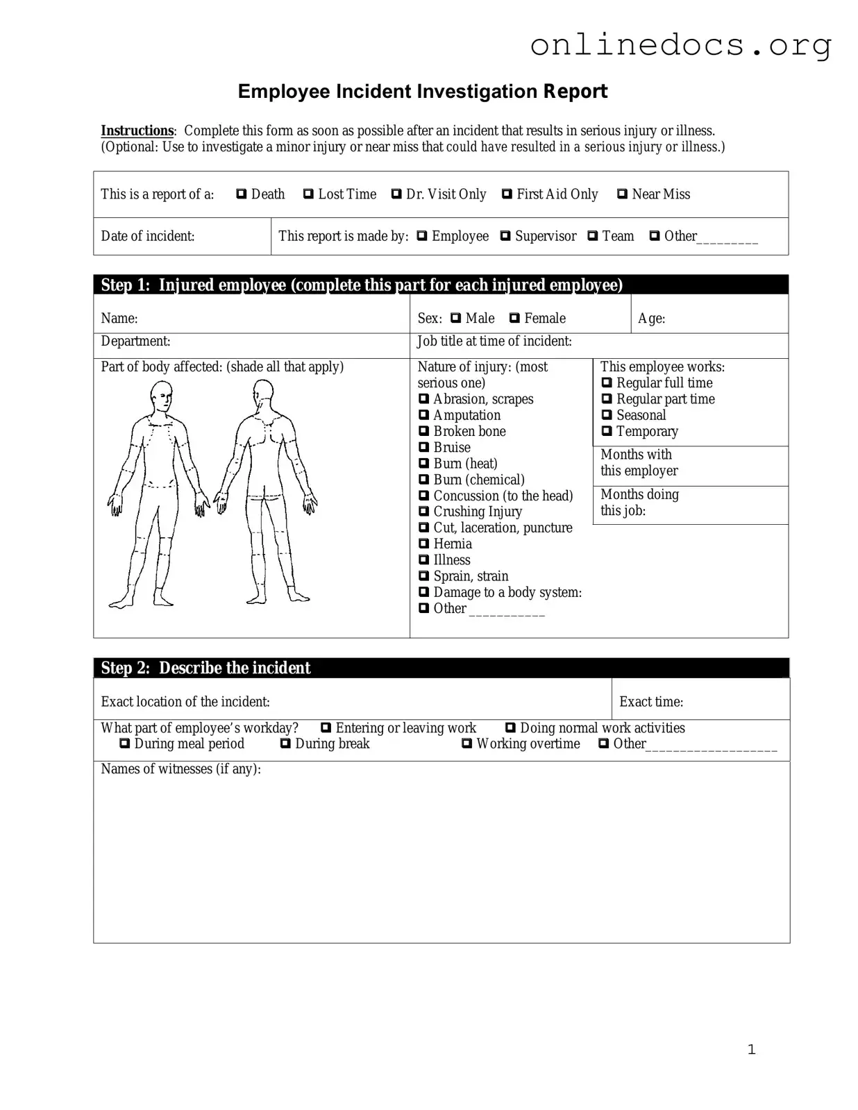 Employee Accident Report PDF Form