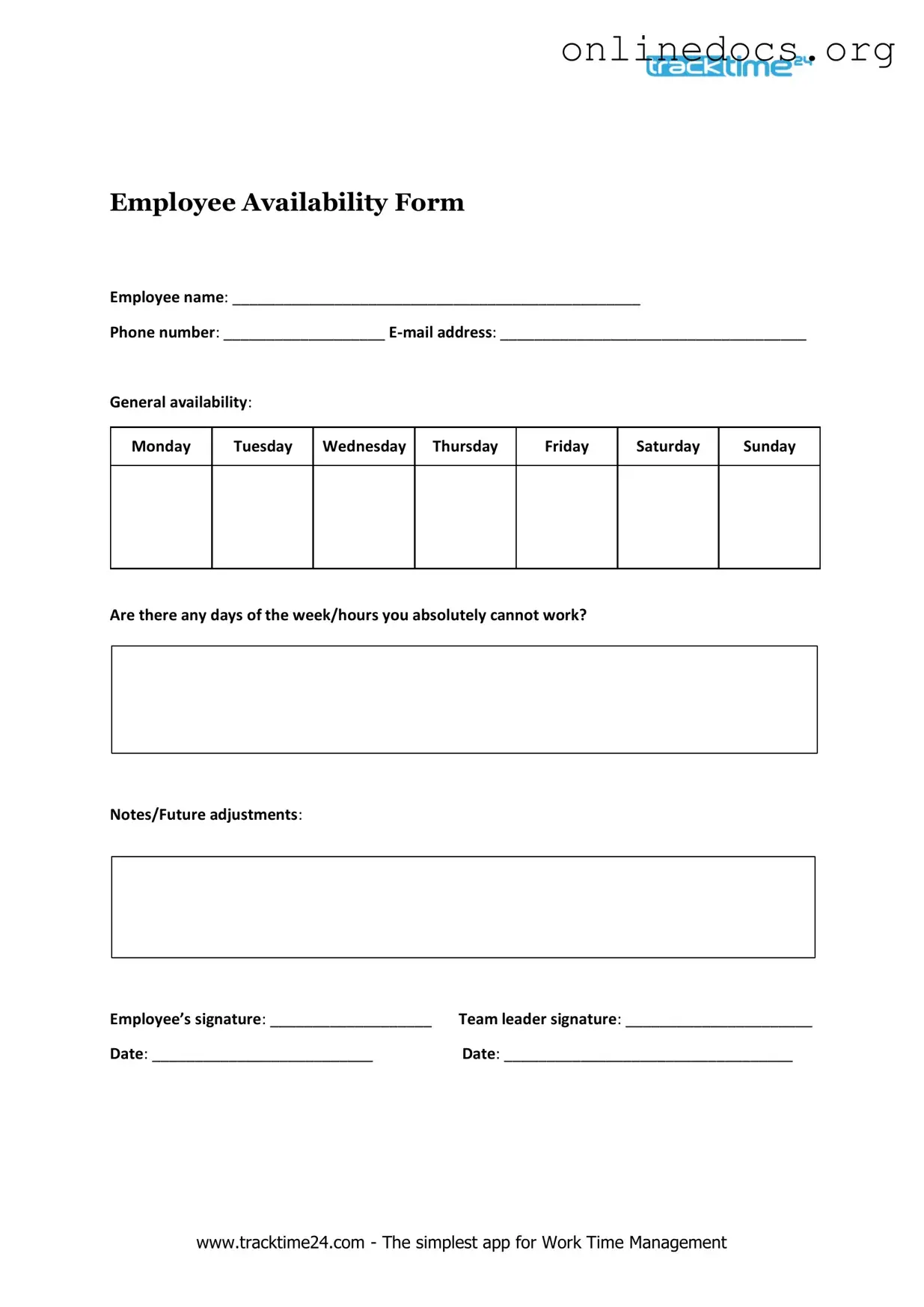 Employee Availability PDF Form