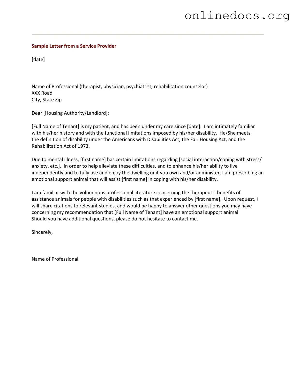 Emotional Support Animal Letter PDF Form