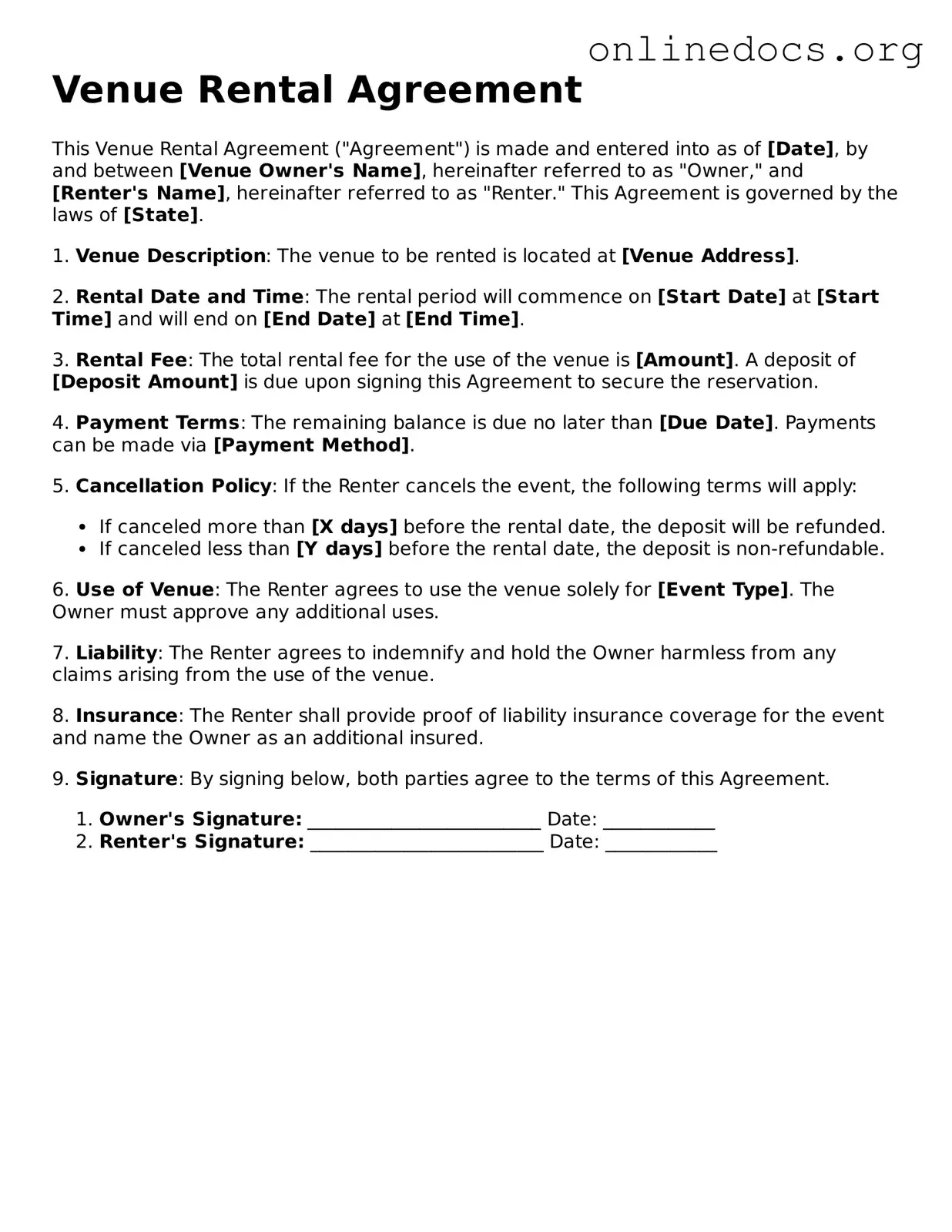 Printable Venue Rental Agreement Form