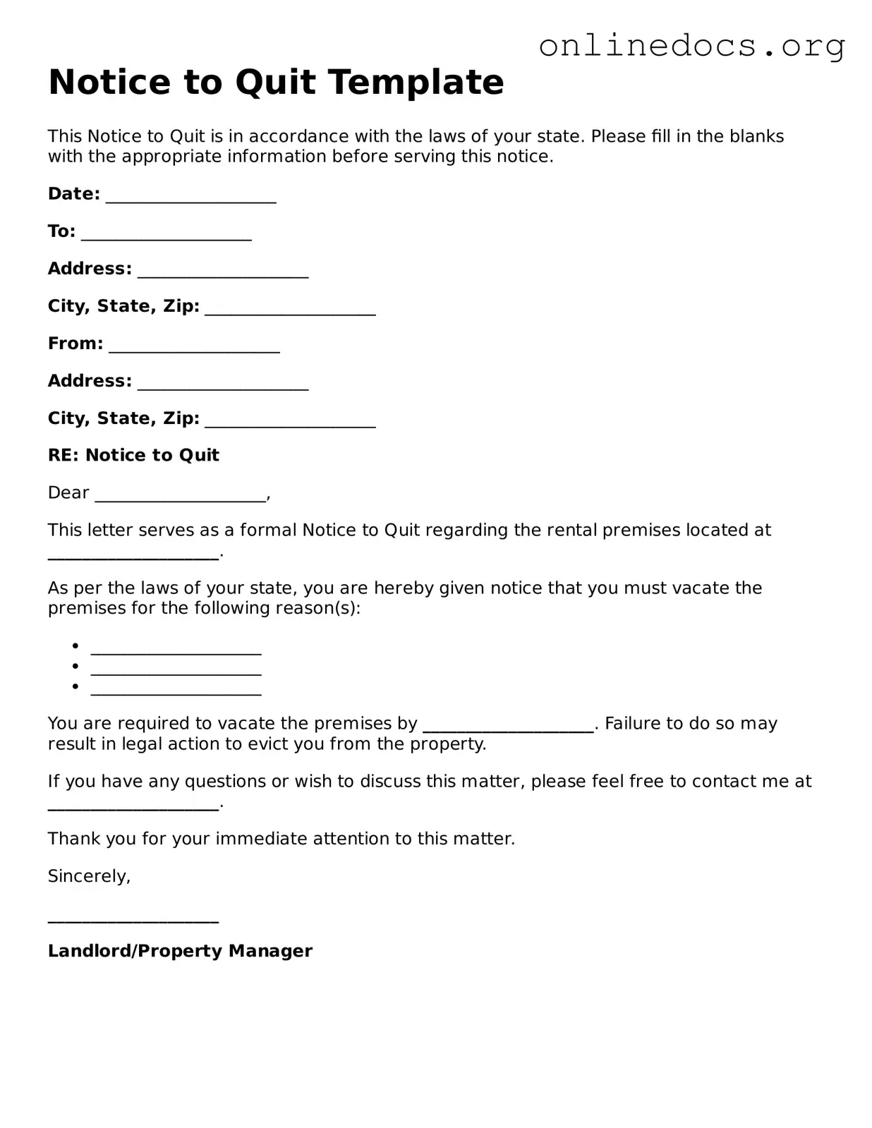 Printable Notice to Quit Form