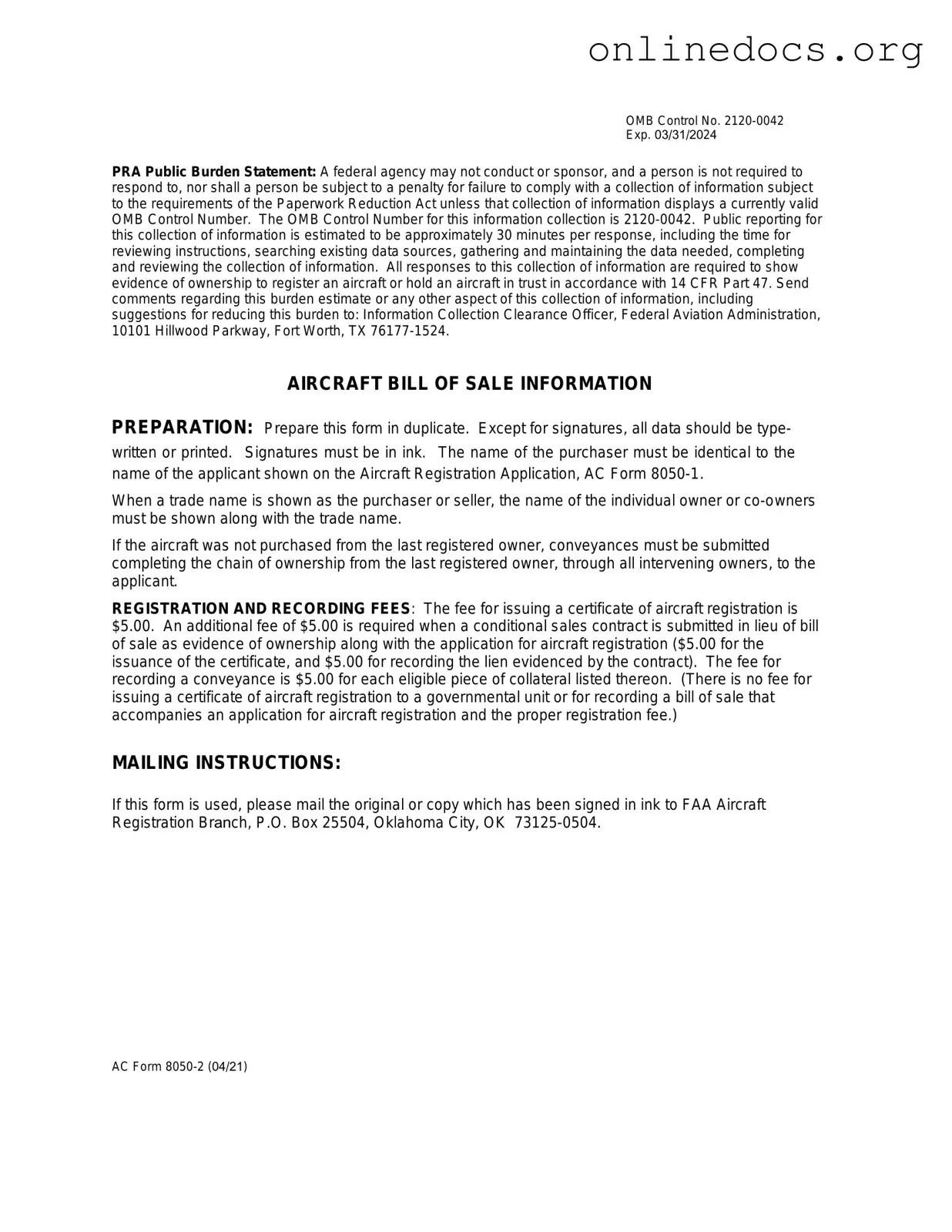Aircraft Bill of Sale AC 8050-2 PDF Form
