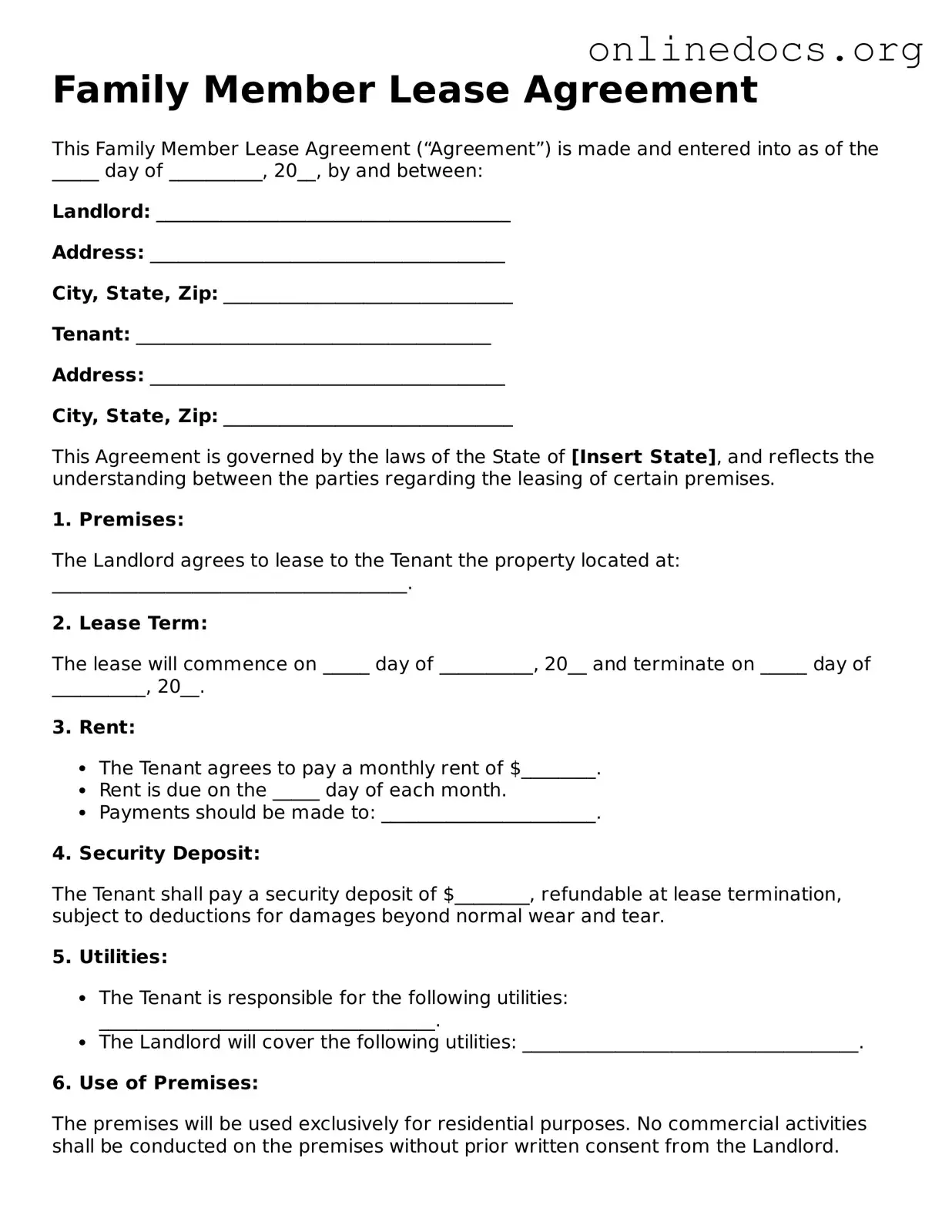 Printable Family Member Lease Agreement Form