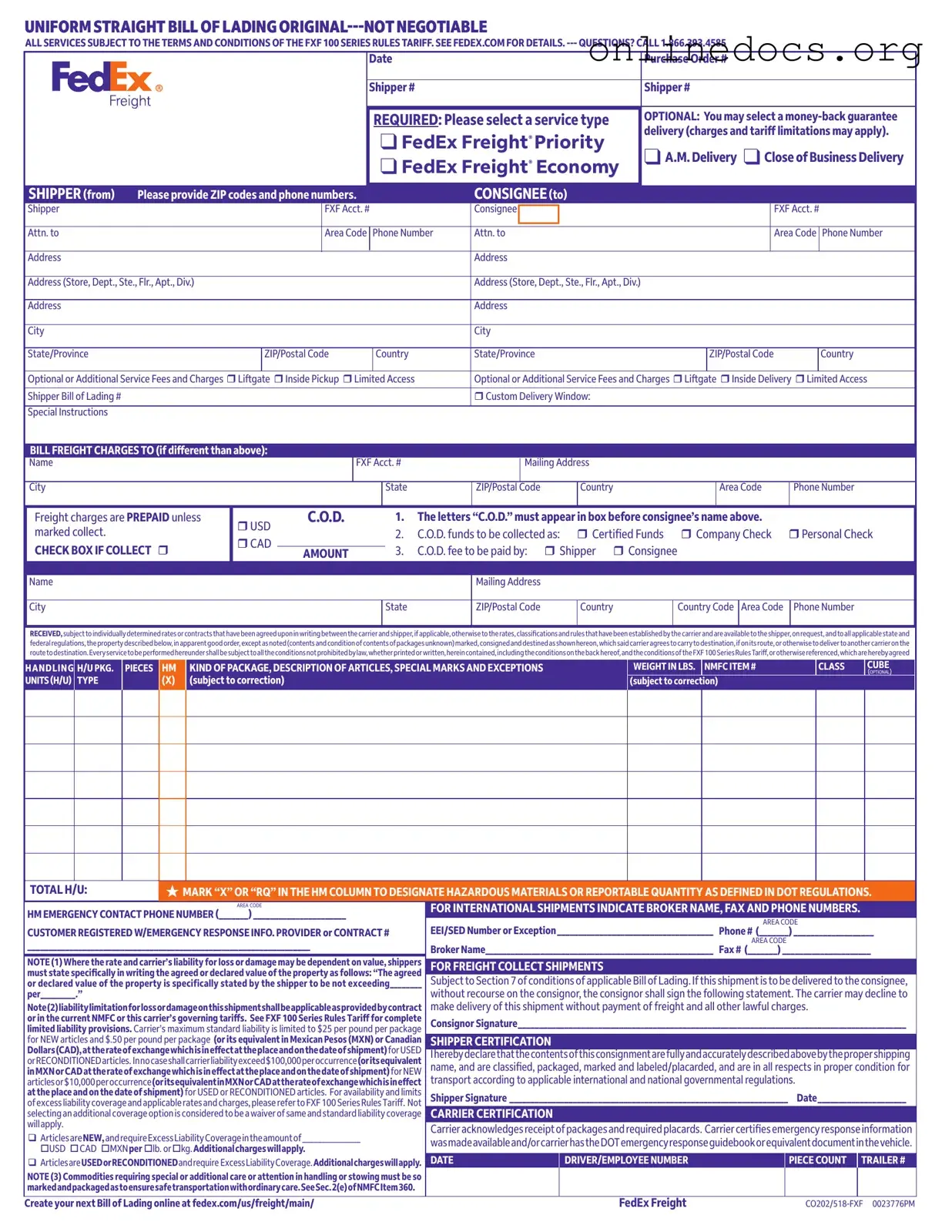 Fedex Bill Of Lading PDF Form