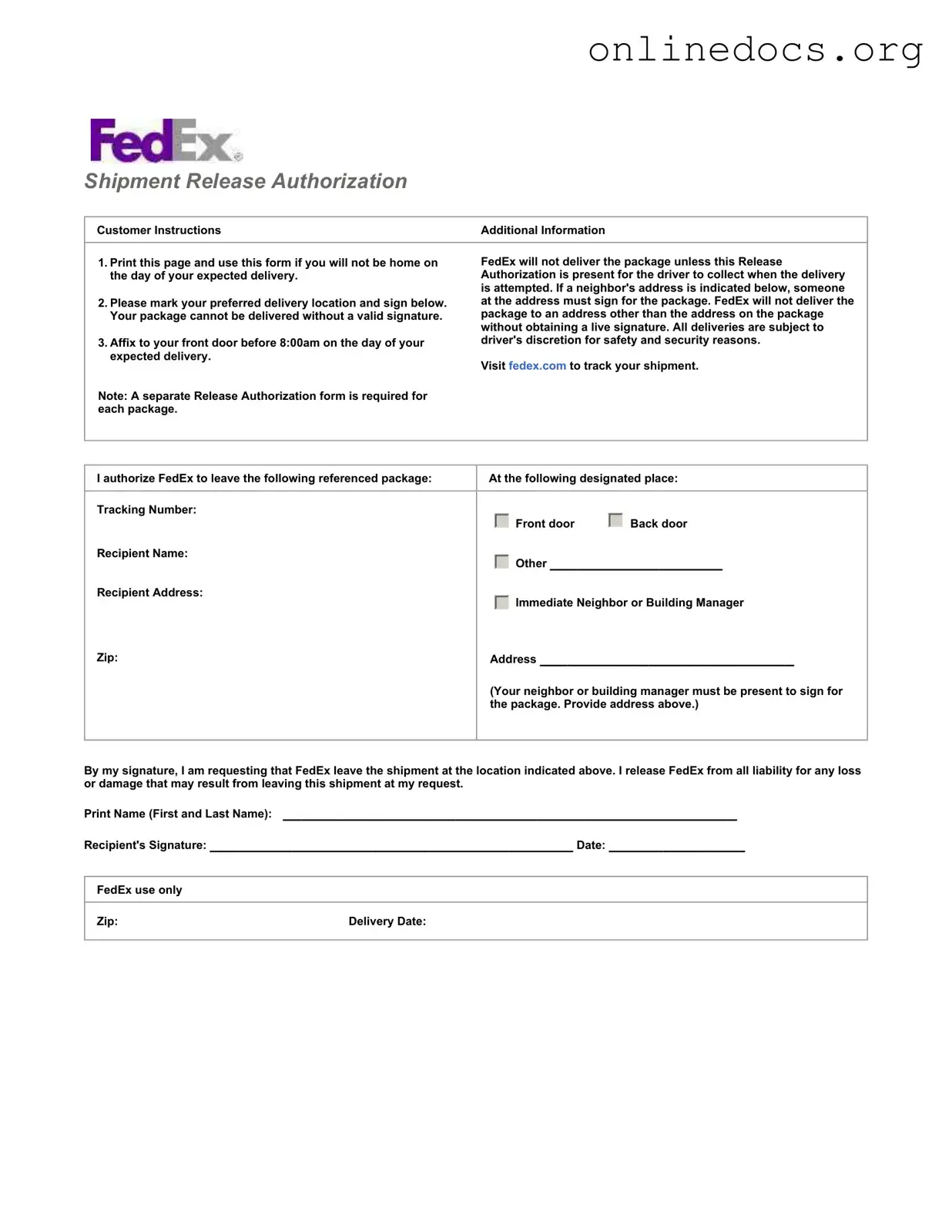 Fedex Release PDF Form