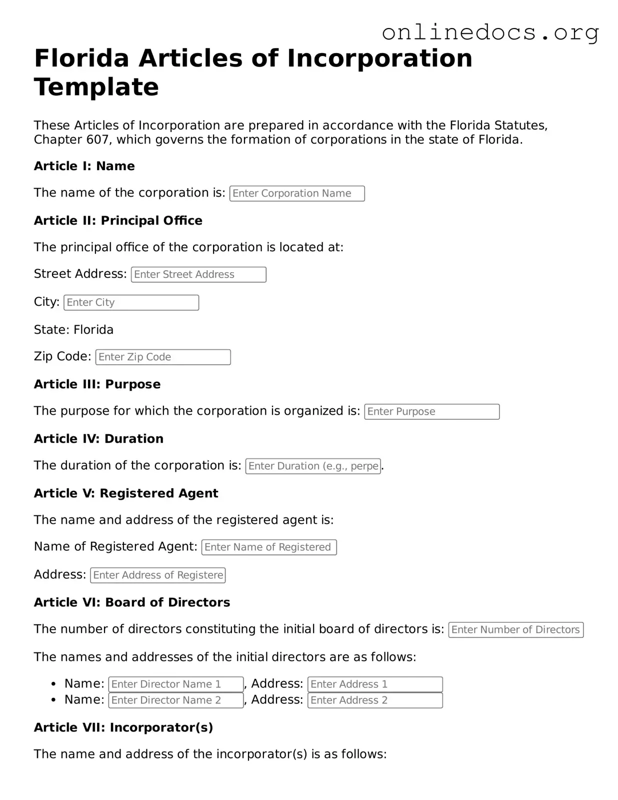 Fillable  Articles of Incorporation Form for Florida