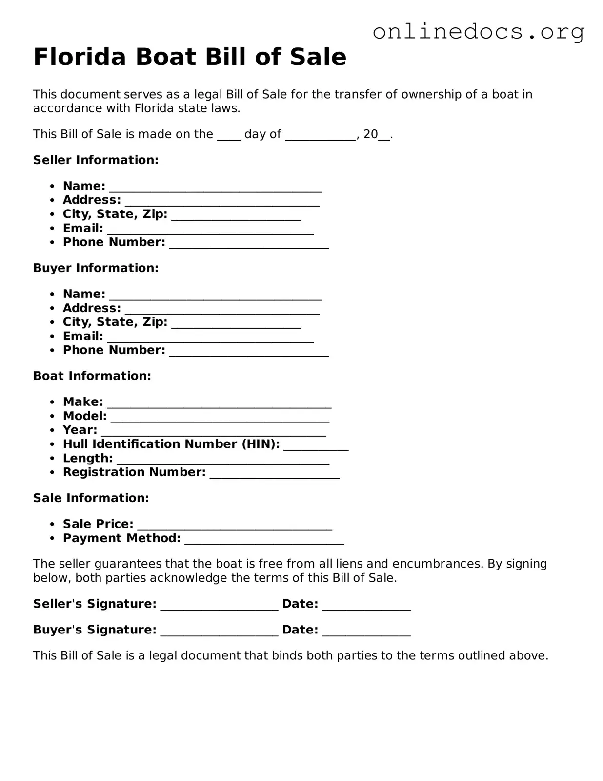 Fillable  Boat Bill of Sale Form for Florida